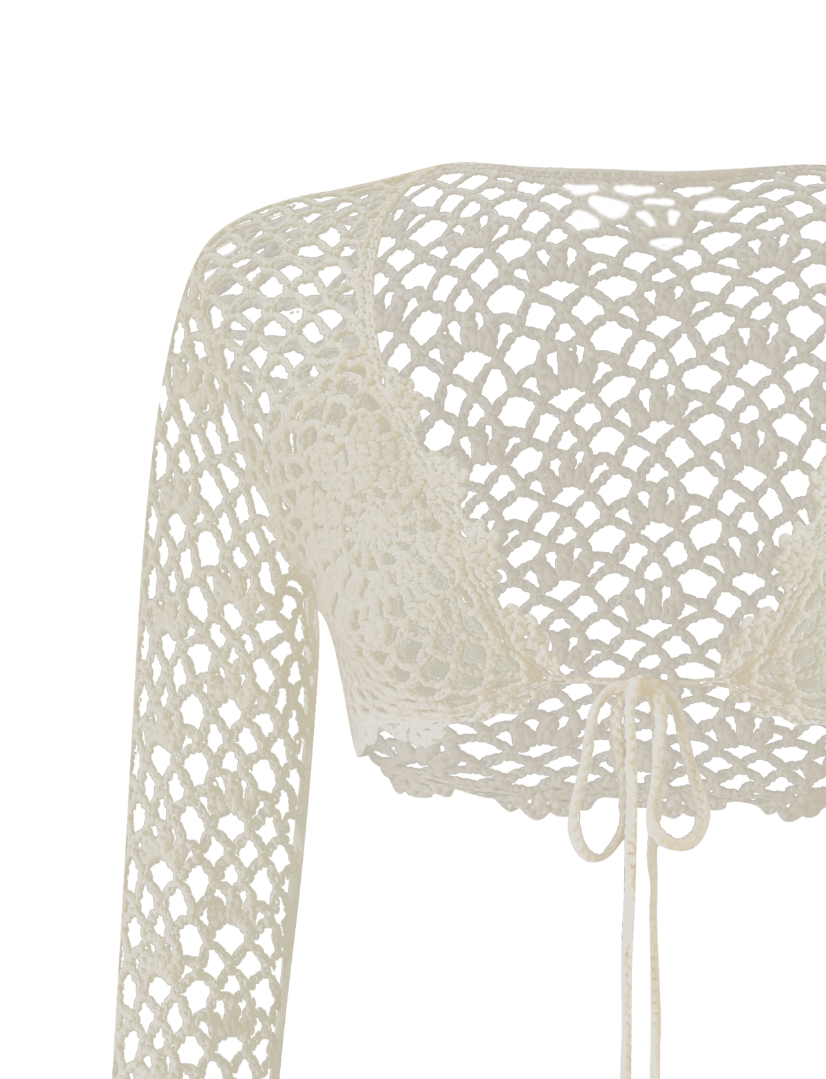 A close-up of the SASHA CROCHET LONG SLEEVE TOP in cream by TIGERMIST, featuring a tie front and long sleeves, displayed on a white background—an ideal chic festival top.