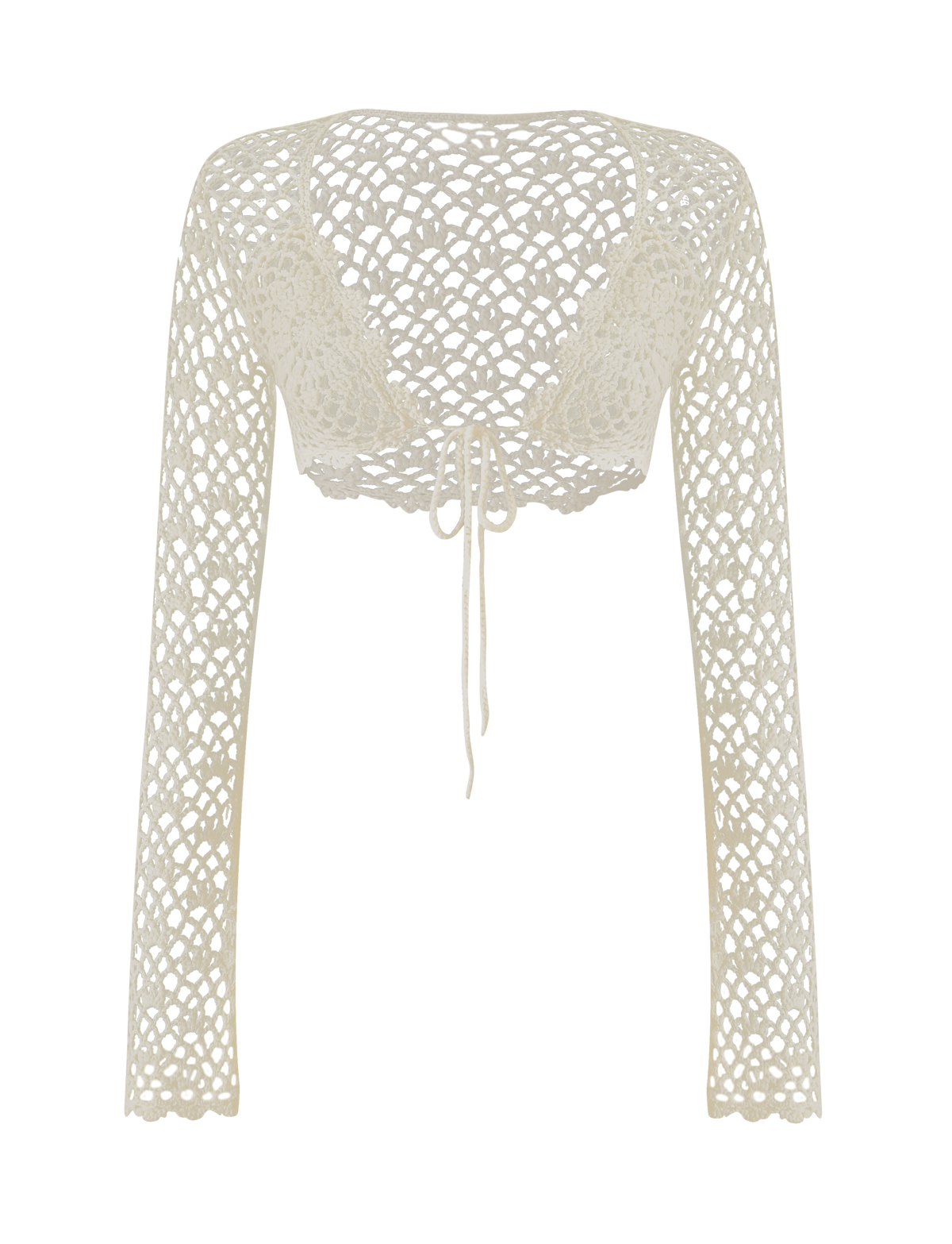 The SASHA CROCHET LONG SLEEVE TOP - CREAM by TIGERMIST features an ivory open lattice crochet design with long sleeves and a front tie closure, making it the perfect festival top or layering piece over your favorite crop top.