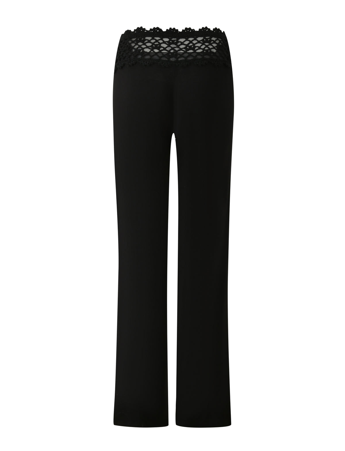The photo displays the SASHA CROCHET PANT in black by TIGERMIST, featuring a straight-leg cut and a wide crochet waistband, set against a plain white background.