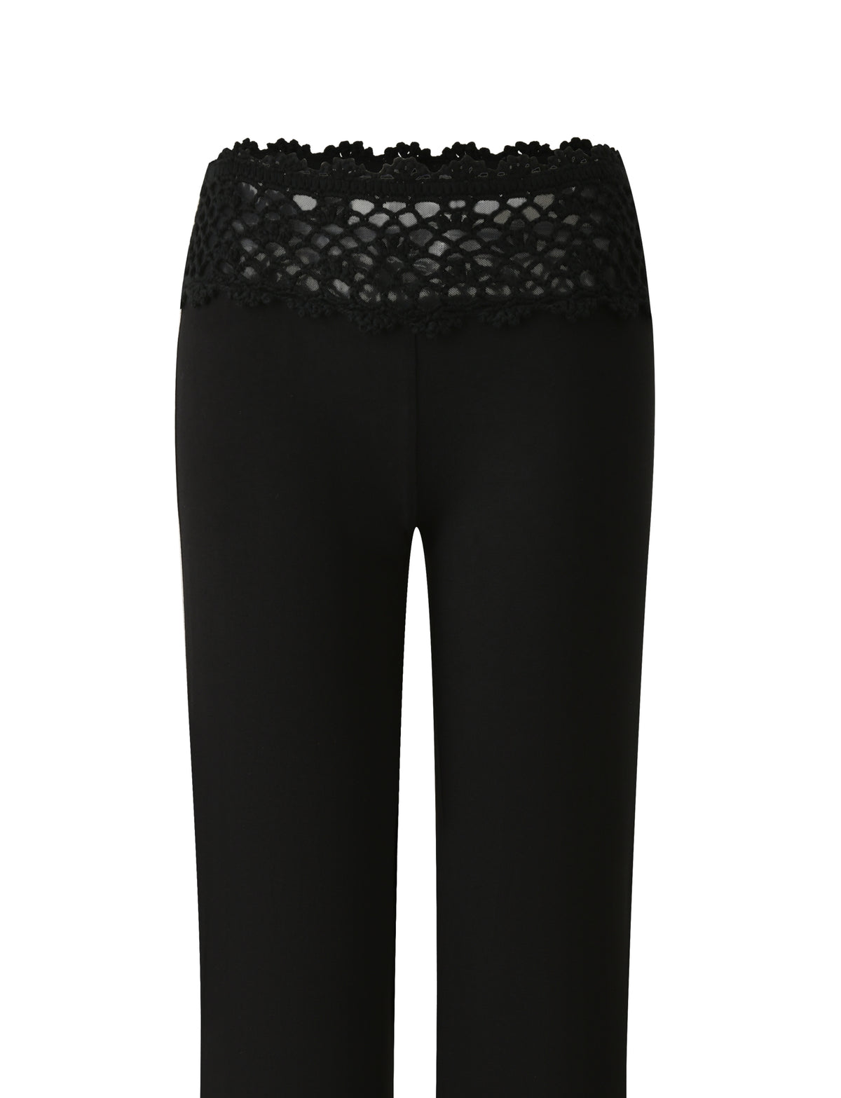 The SASHA CROCHET PANT - BLACK by TIGERMIST features a straight-leg cut and a wide, decorative crochet waistband that adds a stylish, feminine touch. The pants are photographed against a plain white background.