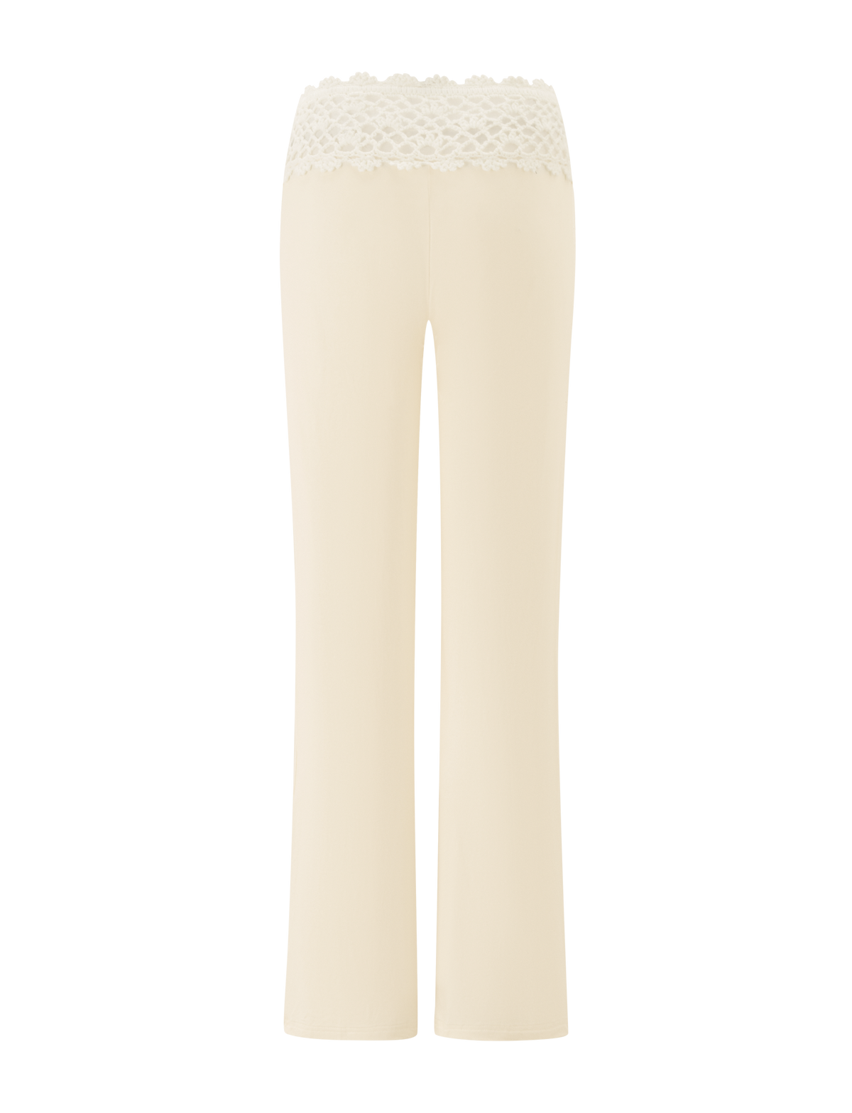 The SASHA CROCHET PANT in cream by TIGERMIST is shown from the back against a white background. These festival pants feature a wide, scalloped crochet waistband and a straight-leg fit with no visible pockets or embellishments.