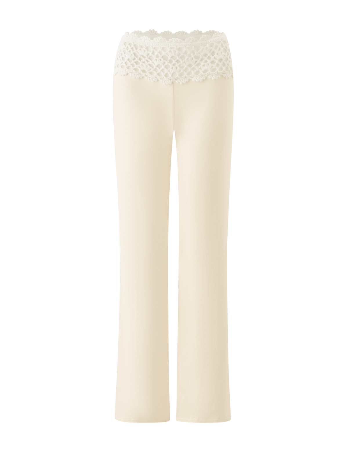 The SASHA CROCHET PANT in cream by TIGERMIST features a wide, floral lace crochet waistband and a straight-leg cut with a clean, pocket-free design. Shown against a plain white background.