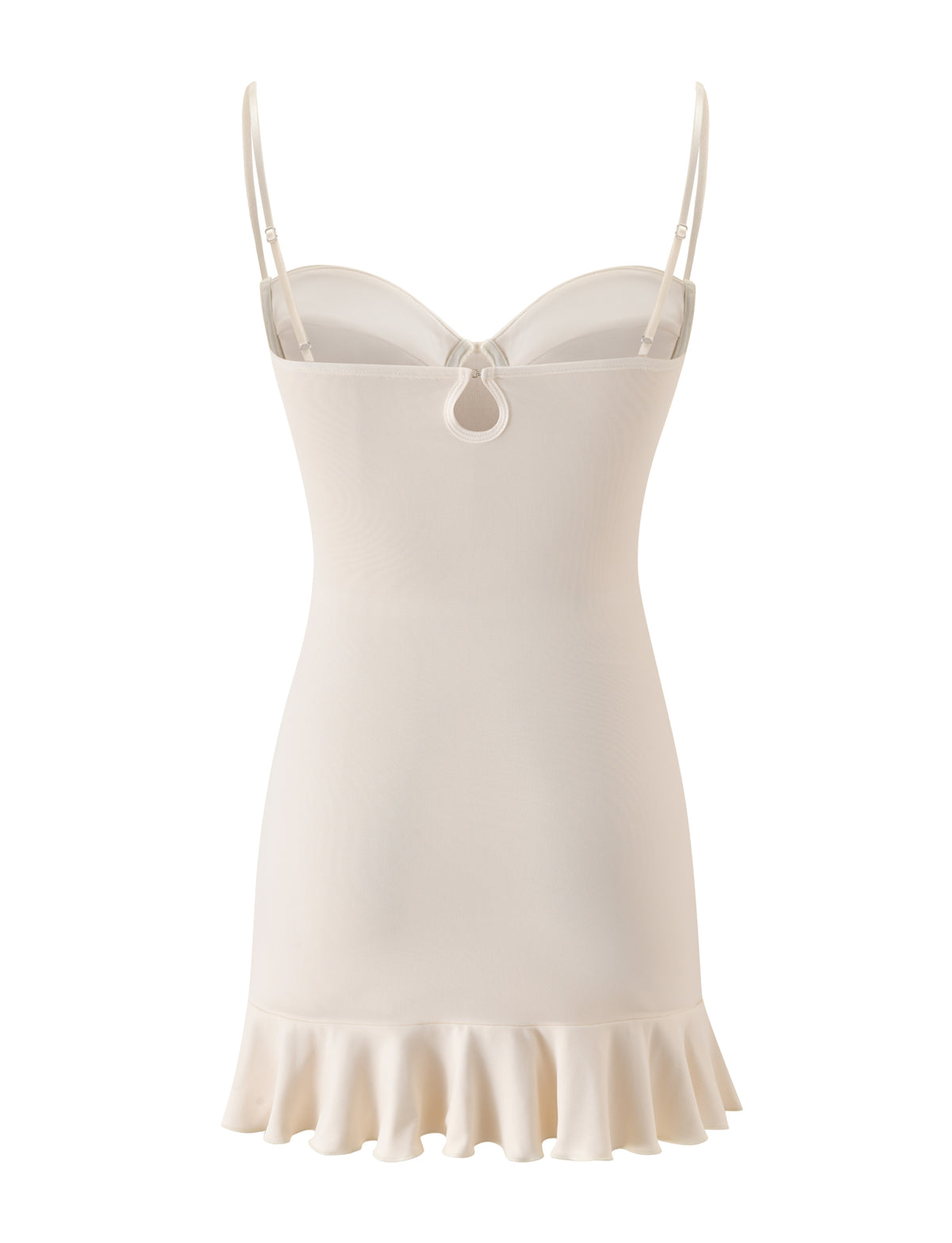 Introducing the GIULIA MINI DRESS - IVORY by TIGERMIST: a cream-colored sleeveless slip dress featuring thin straps, a delicate central cutout below the neckline, and a ruffled hem. With its fitted silhouette and lightweight fabric, this dress is perfect for bridal showers or any warm-weather celebration.