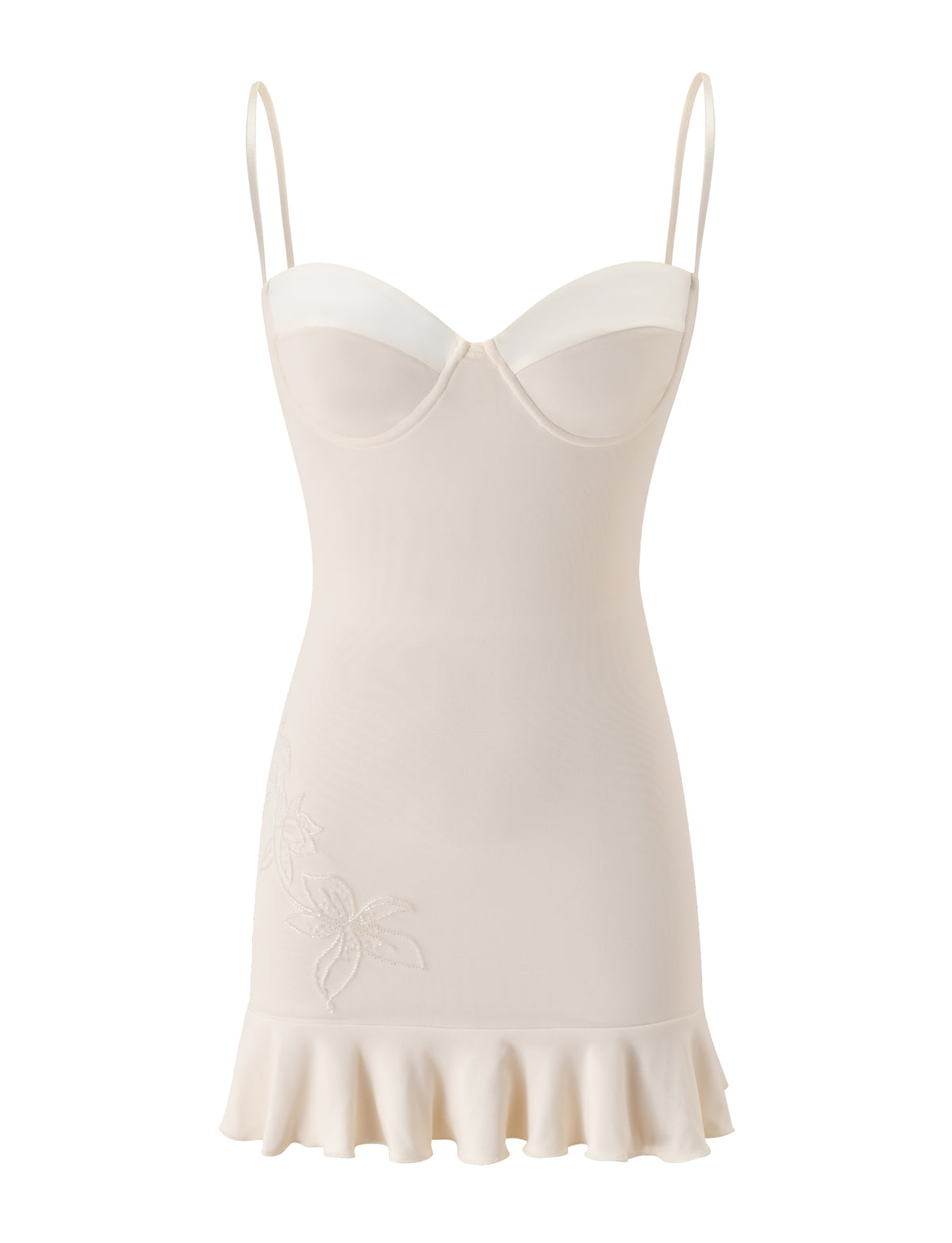 The GIULIA MINI DRESS - IVORY by TIGERMIST features a cream hue with delicate spaghetti straps, a fitted bustier-inspired bodice, subtle floral embroidery on one side, and a ruffled hem. Crafted from a smooth, slightly sheer fabric, this elegant mini dress exudes bridal shower sophistication.
