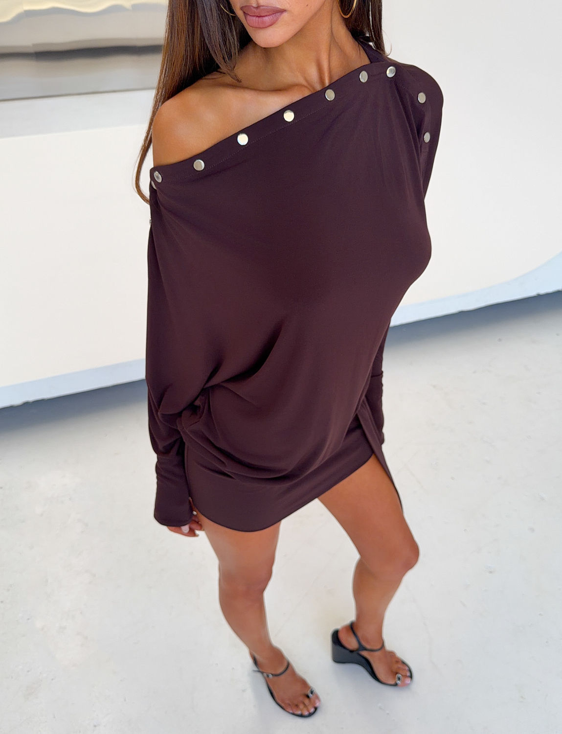 RAVENNA LONG SLEEVE MINI DRESS - DARK CHOCOLATE