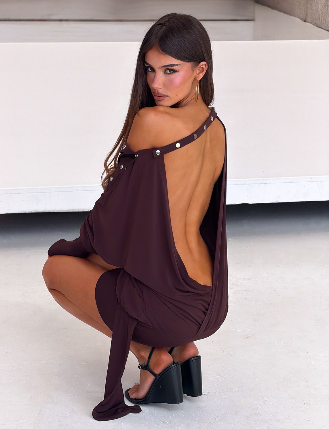RAVENNA LONG SLEEVE MINI DRESS - DARK CHOCOLATE