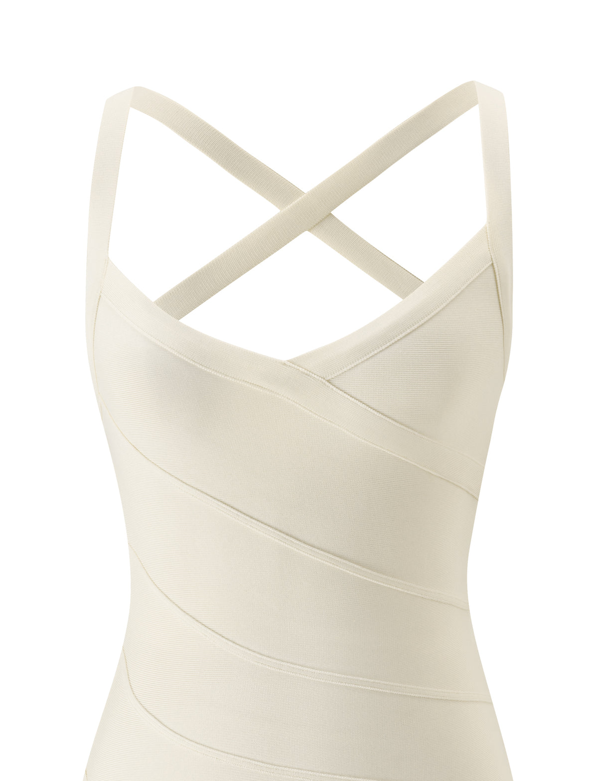The LOUISE BANDAGE MINI DRESS by TIGERMIST in cream features an ivory, sleeveless design with diagonal seam details and wide crisscross straps at the back. Crafted from smooth, slightly stretchy fabric, this dress creates a flattering bodycon mini silhouette.