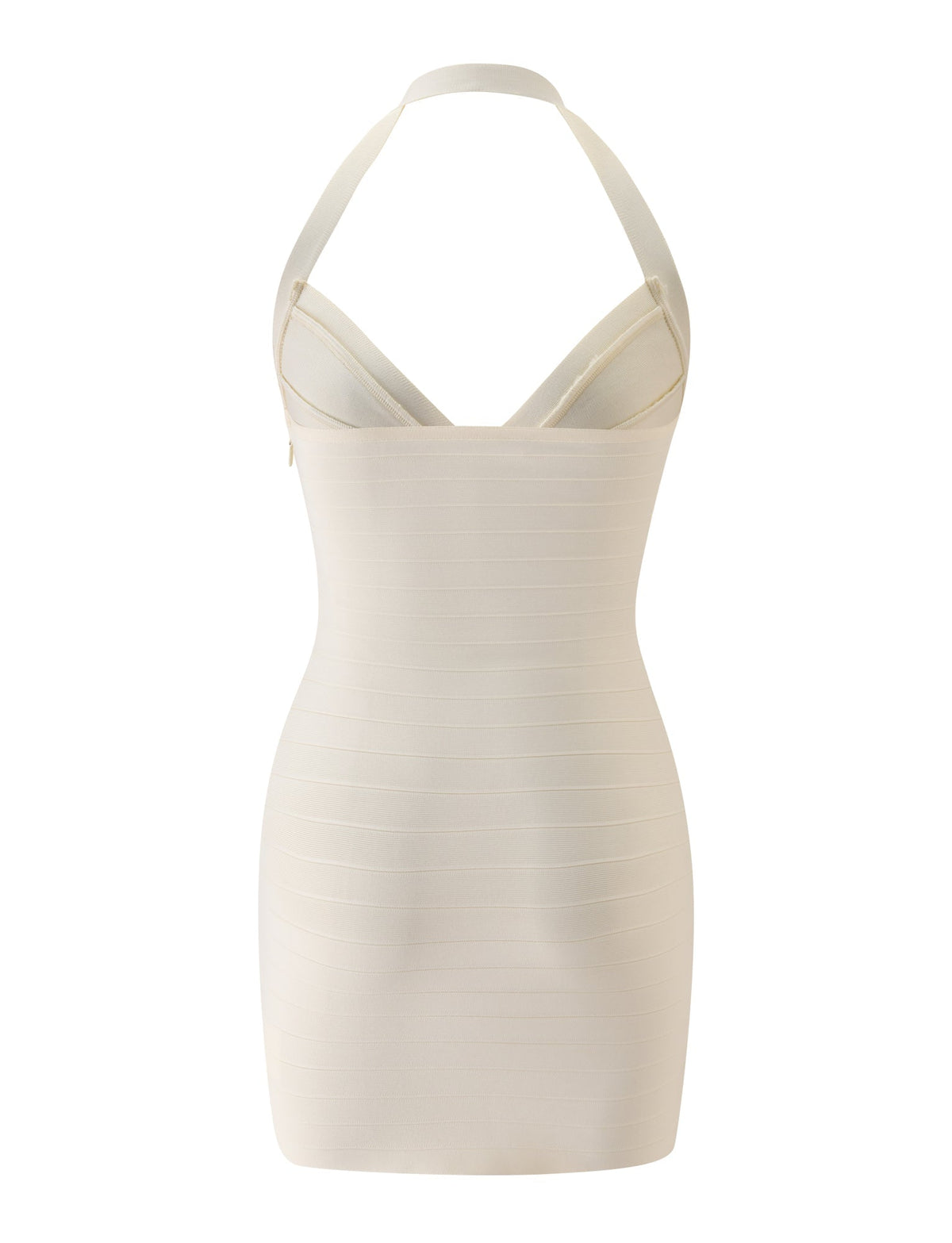 The SYDEL BANDAGE MINI DRESS in cream by TIGERMIST embodies a sophisticated, form-fitting silhouette with a halter neckline, horizontal ribbed texture, and a seamless finish—making it an elegant choice for a bridal brunch dress. Displayed against a plain white background for a modern touch.