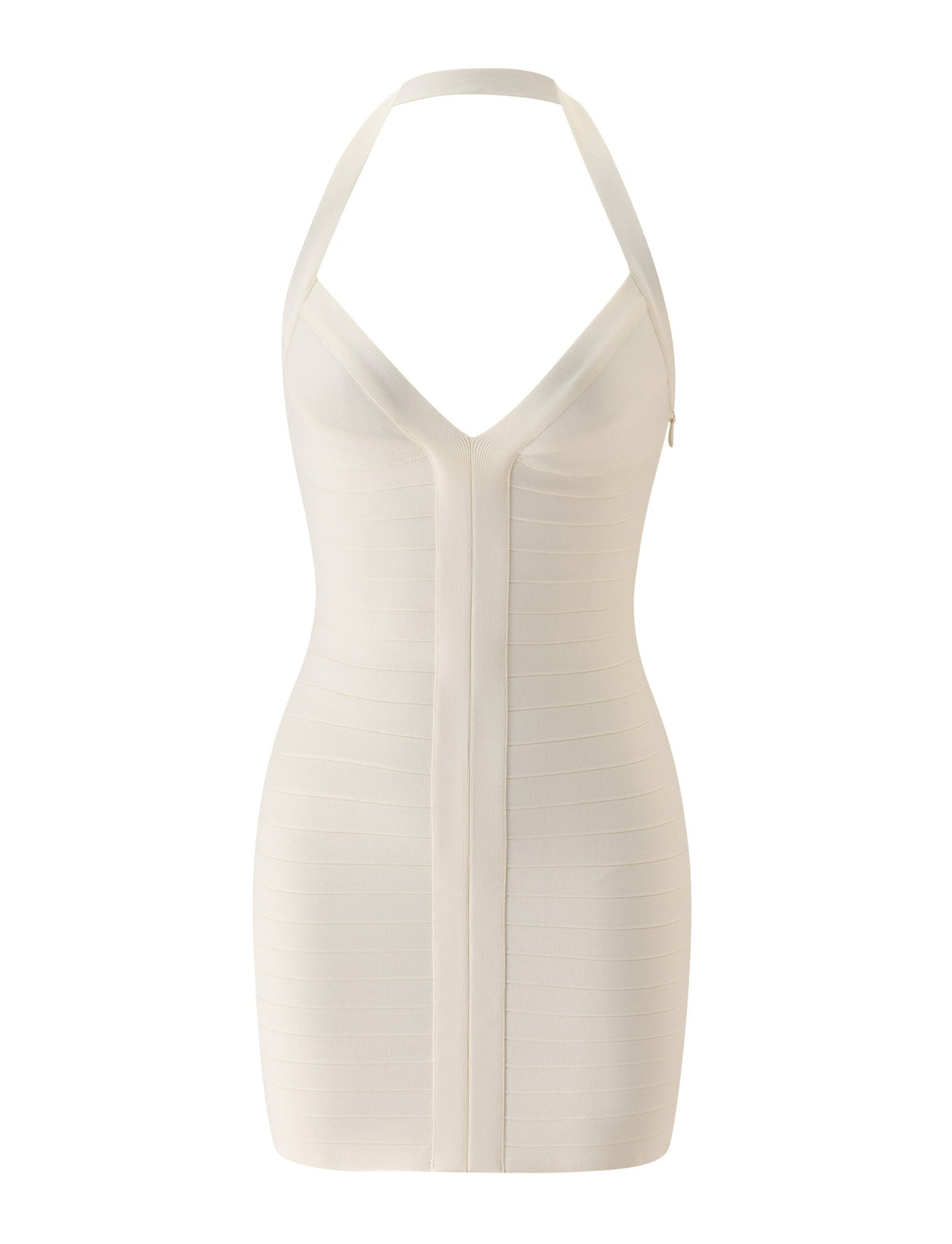 The SYDEL BANDAGE MINI DRESS by TIGERMIST is a cream-colored, sleeveless mini dress featuring a halter neckline and vertical panel details—making it the perfect chic choice for a bridal brunch. The dress is displayed against a plain white background.