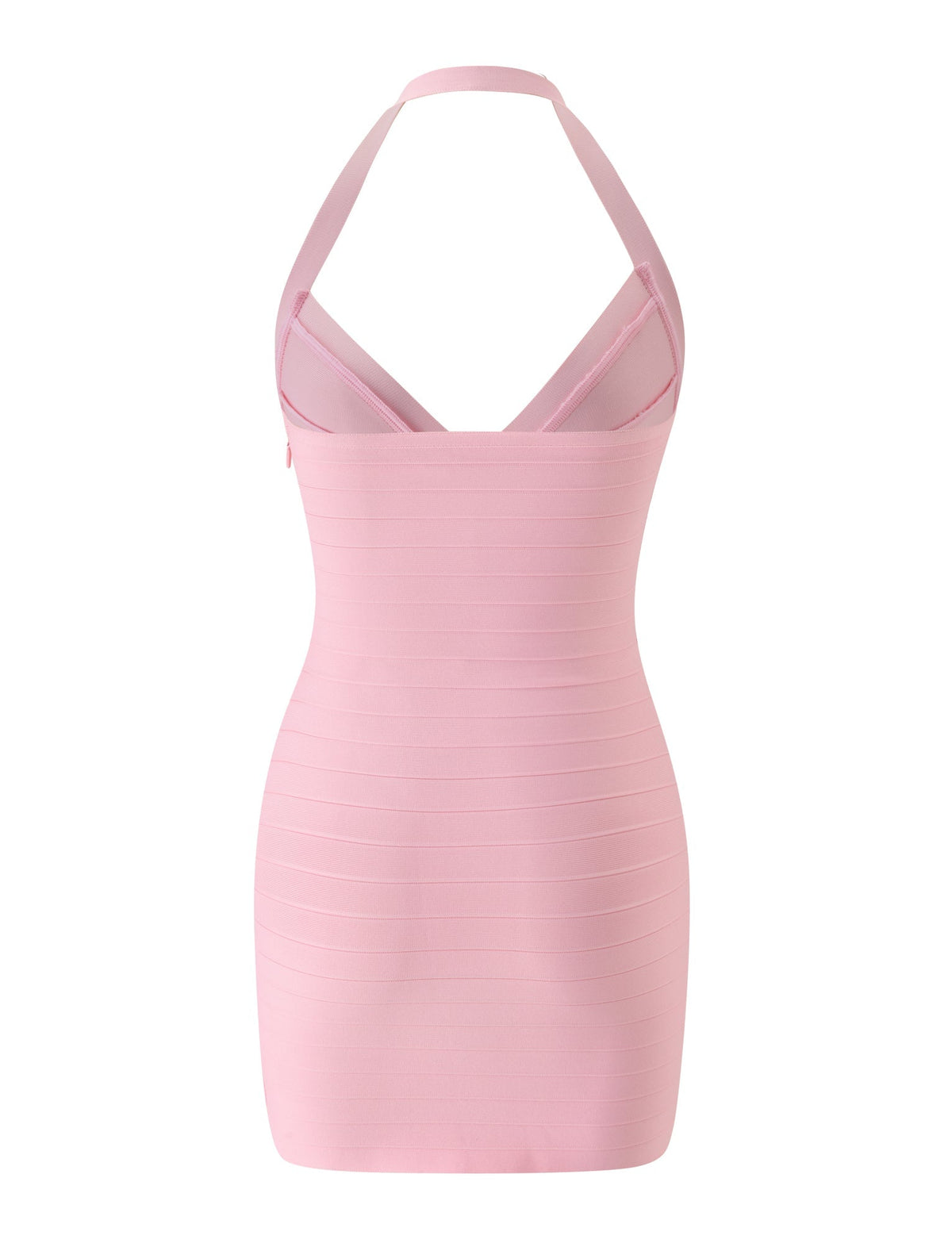 The TIGERMIST SYDEL BANDAGE MINI DRESS in Pink Peony features a form-fitting silhouette with a halter neckline, halter strap, and an open back, showcased against a white background.