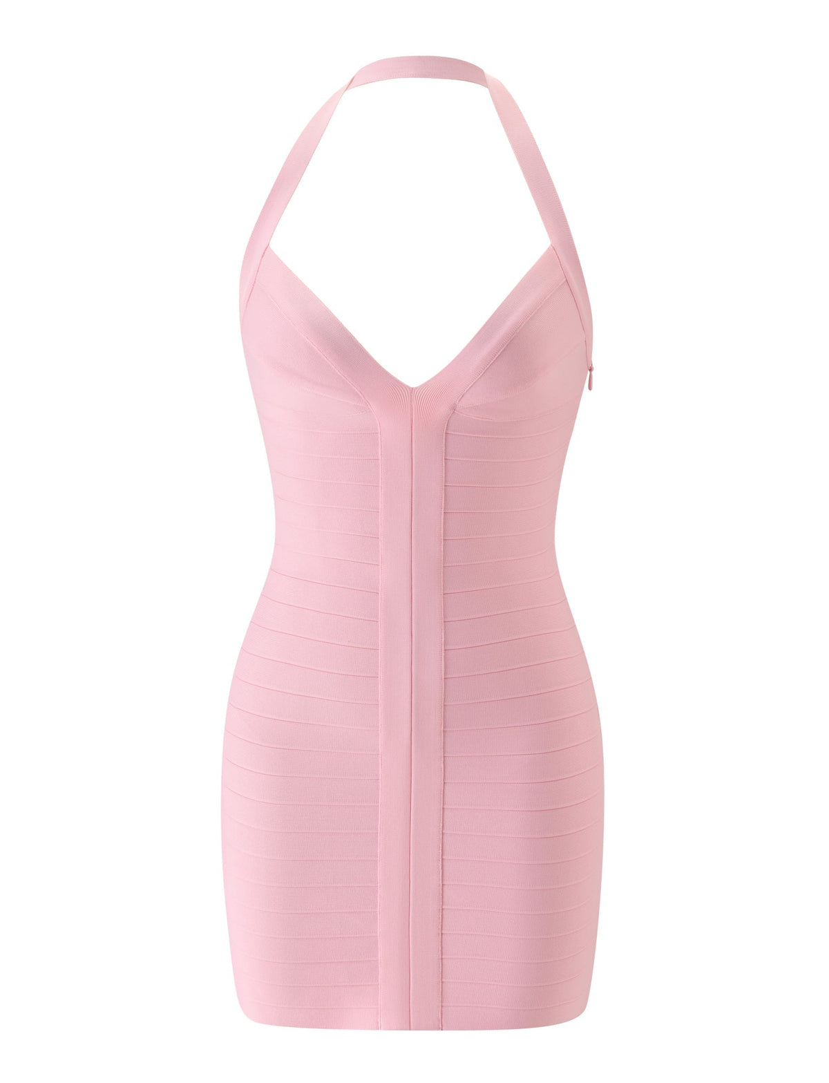 The SYDEL BANDAGE MINI DRESS in Pink Peony by TIGERMIST is a light pink, form-fitting mini dress featuring halter straps, a deep V neckline, bandage-style horizontal paneling, and a central vertical seam down the front with no visible embellishments.