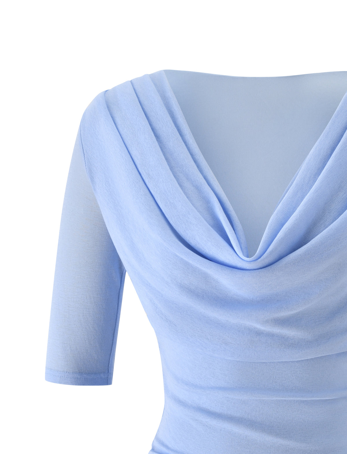 MADELYN MINI DRESS - POWDER BLUE in a powder blue mini style with three-quarter length sleeves, a draped cowl neckline, and a ruched knit finish.