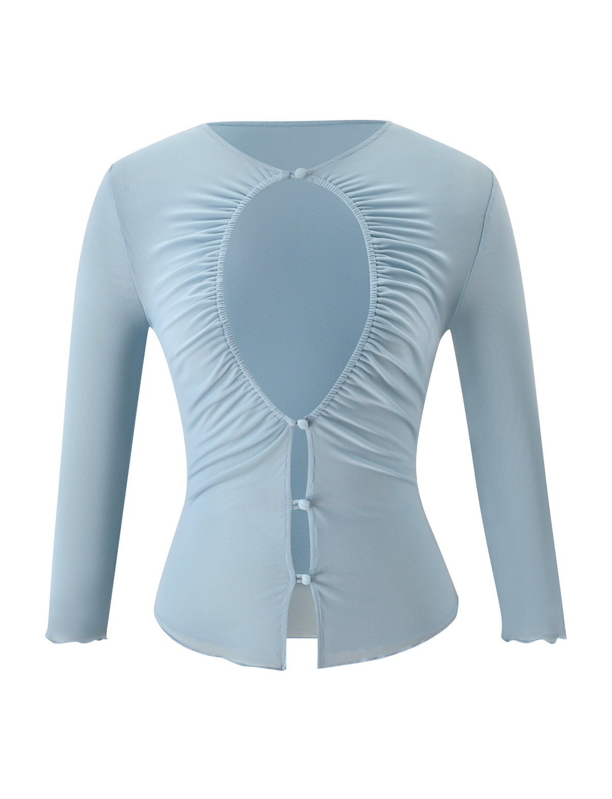 Dusty blue ELLIOT TOP - DUSTY BLUE three-quarter sleeve shirt featuring a ruched front keyhole at the chest and three small buttons at the lower front.