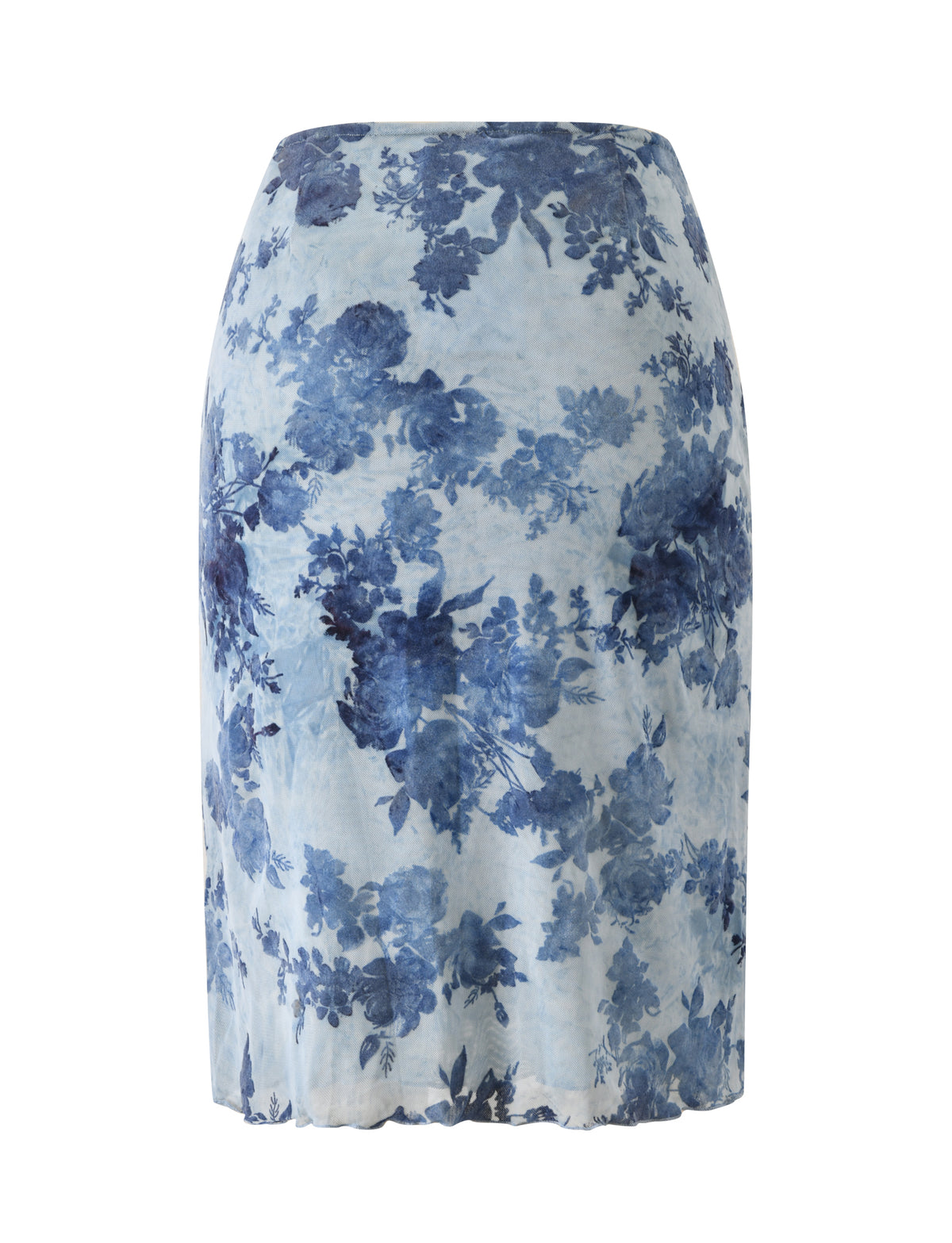 ELLIOT MIDI SKIRT - DUSTY BLUE in dusty blue mesh with a dark blue floral burnout velvet print.
