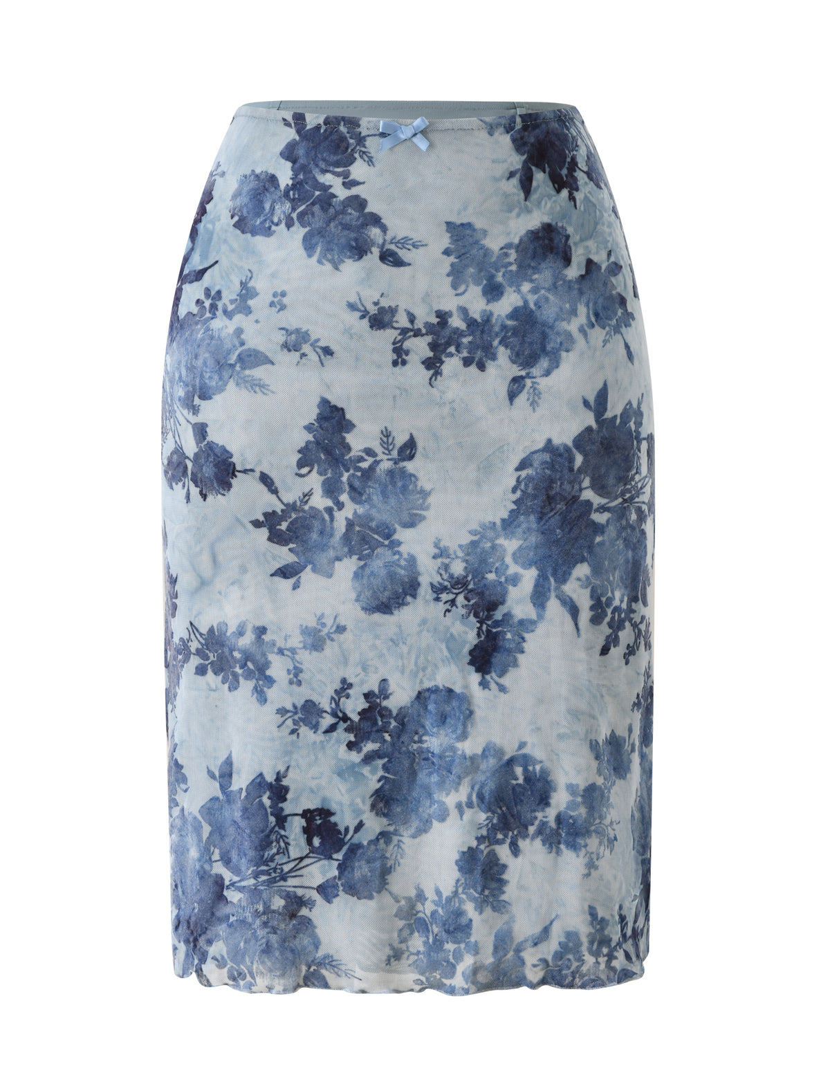 ELLIOT MIDI SKIRT - DUSTY BLUE featuring a dusty blue mesh fabric, floral print, and a small center bow at the waist.