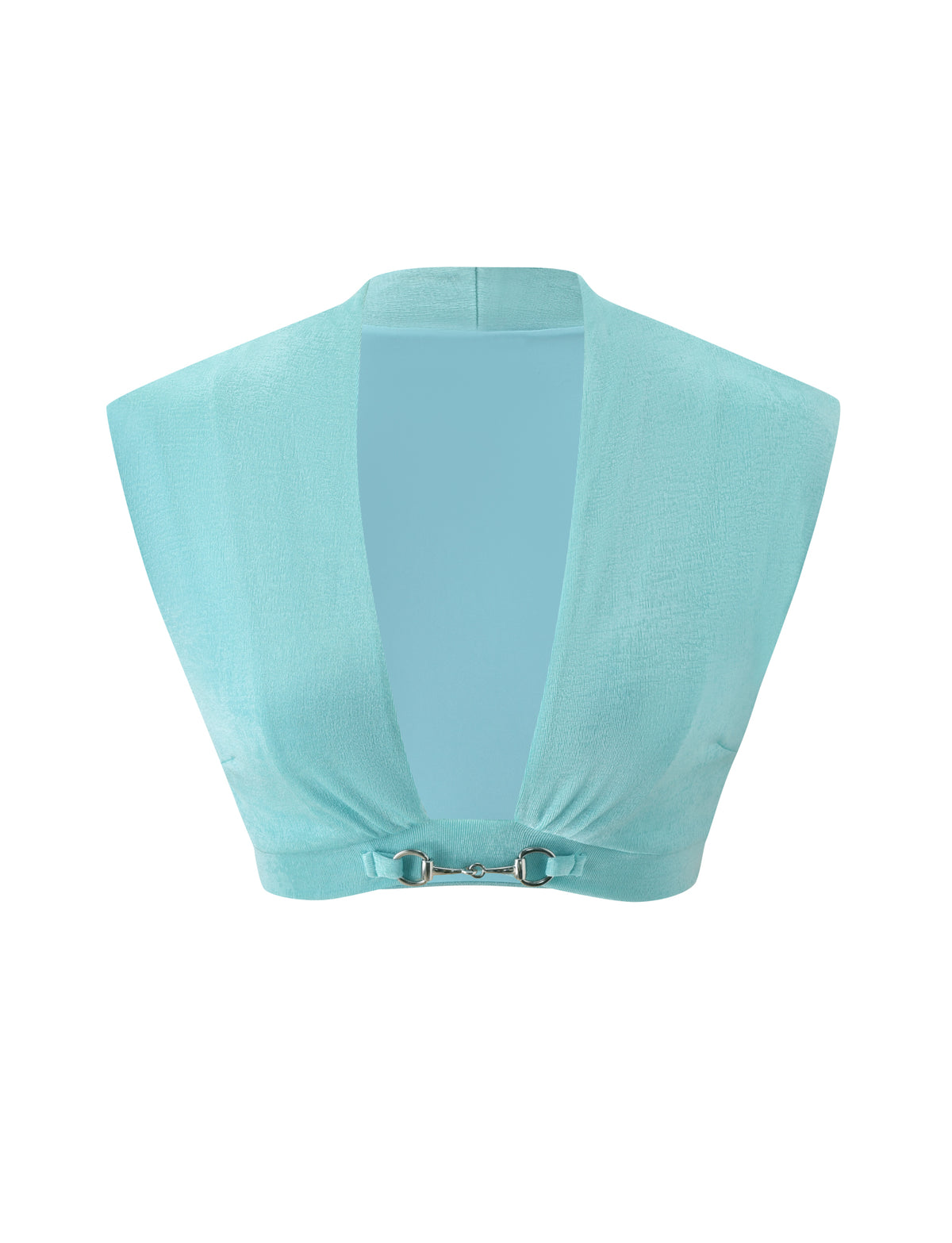 RAE TOP - AQUA sleeveless cropped knit top in aqua blue sparkle with a deep V-neckline and a silver metal horsebit clasp closure at the hem.
