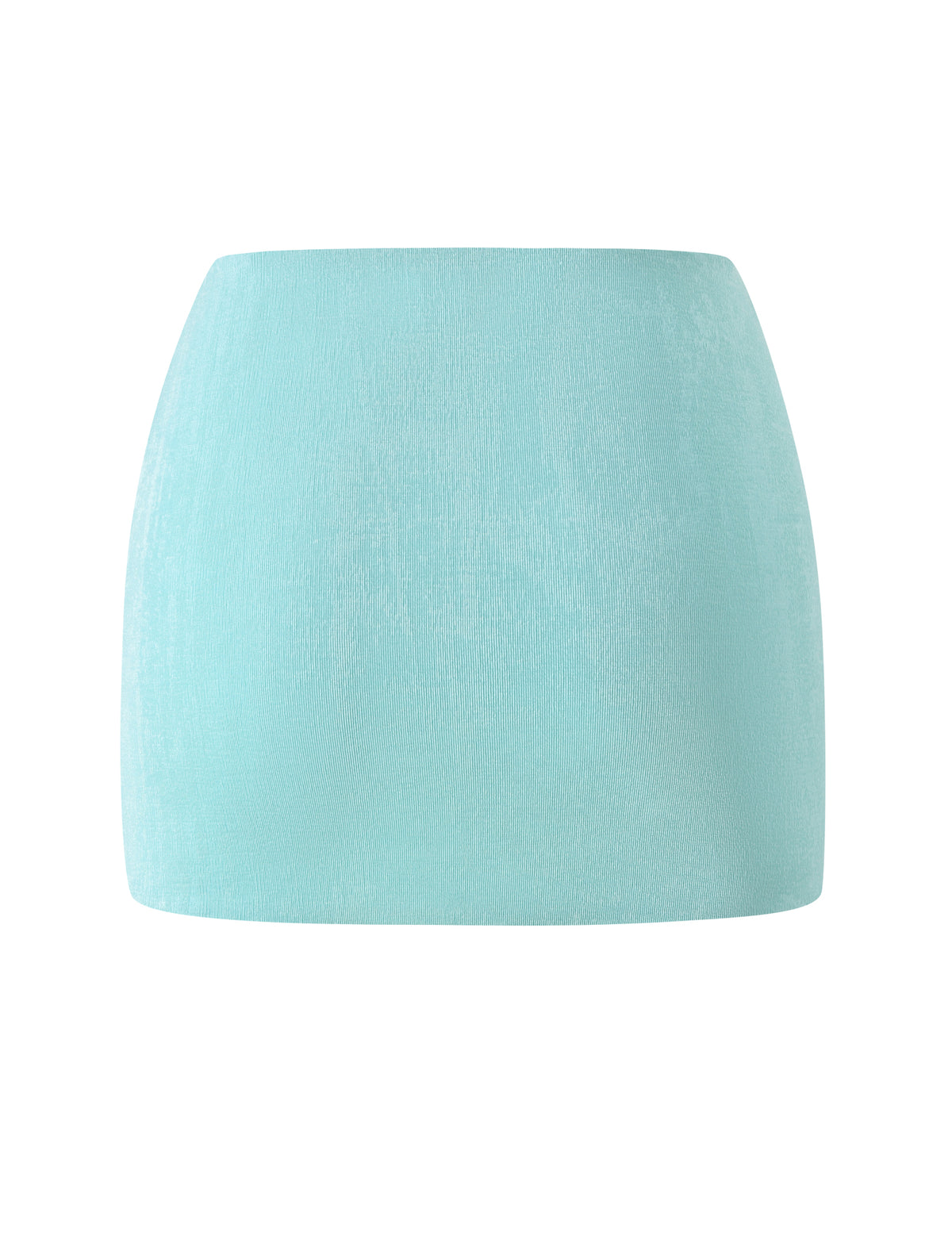 A high-waisted aqua RAE MINI SKIRT in sparkle knit fabric.