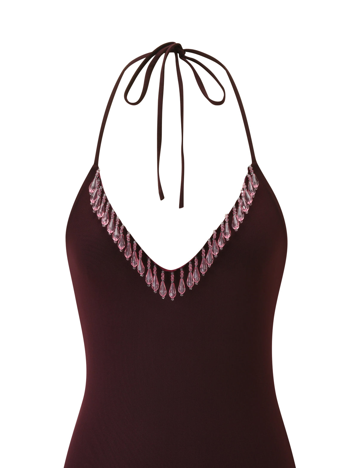 NELLIE MINI DRESS - CHOCOLATE: a brown bodycon mini dress featuring a halter neckline and a V-neck trimmed with dangling clear pink beads.