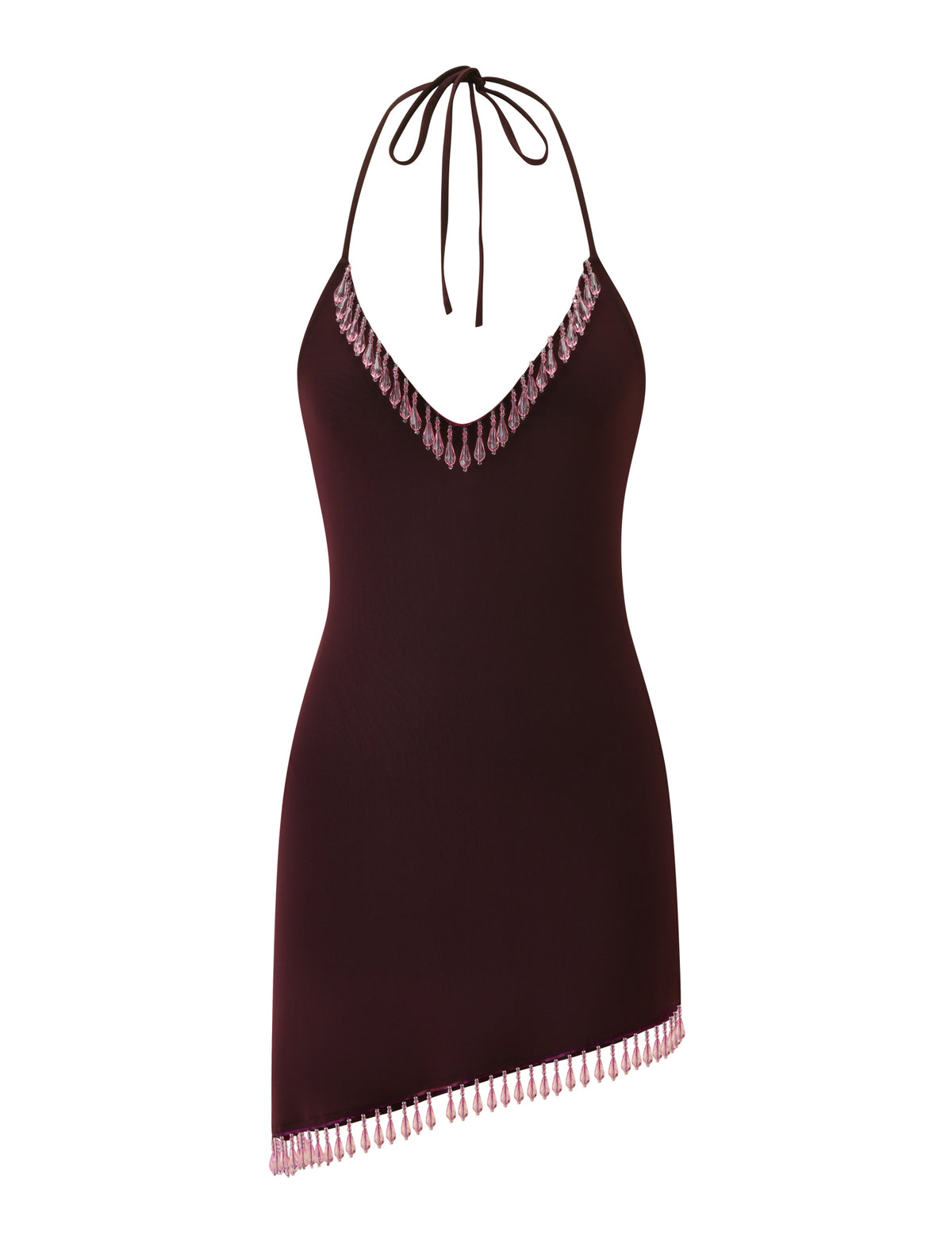NELLIE MINI DRESS - CHOCOLATE dark brown bodycon halter mini dress featuring pink beaded fringe along the V-neckline and an asymmetrical hem.