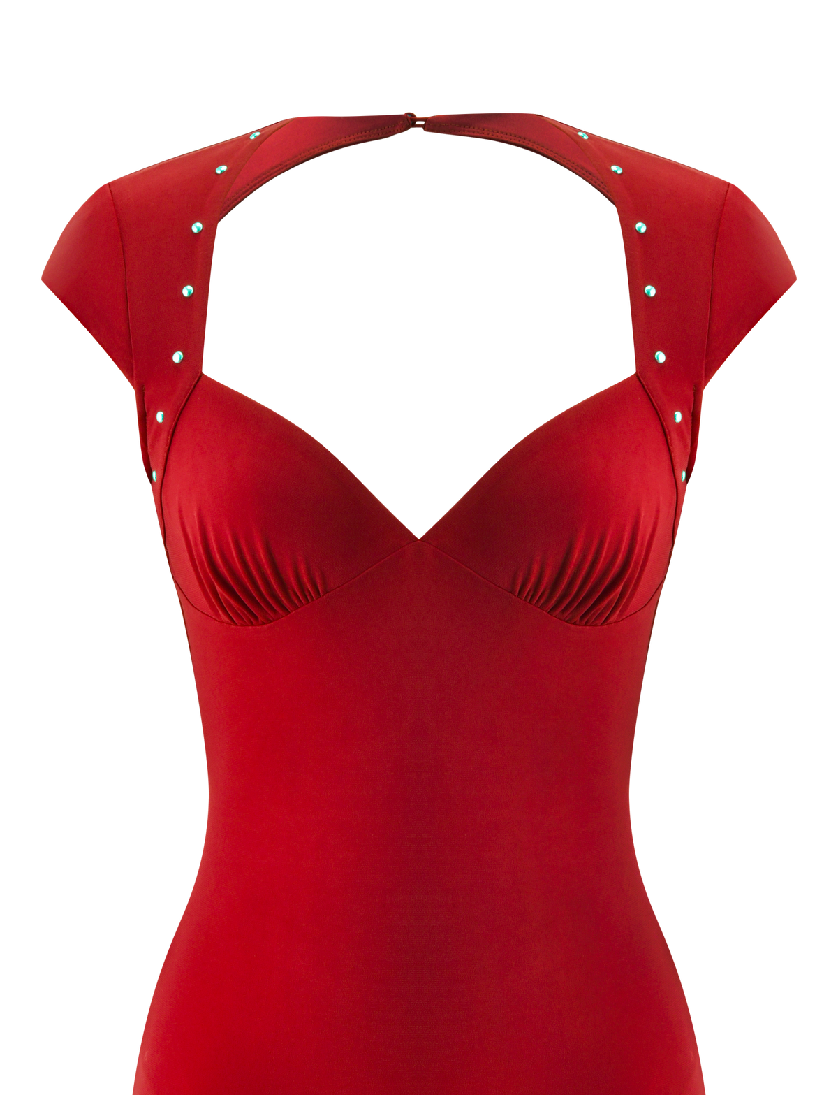 ROSALIE MINI DRESS - RED in a red ruched design with a sweetheart neckline, cap sleeves, and silver stud accents along the shoulder straps.