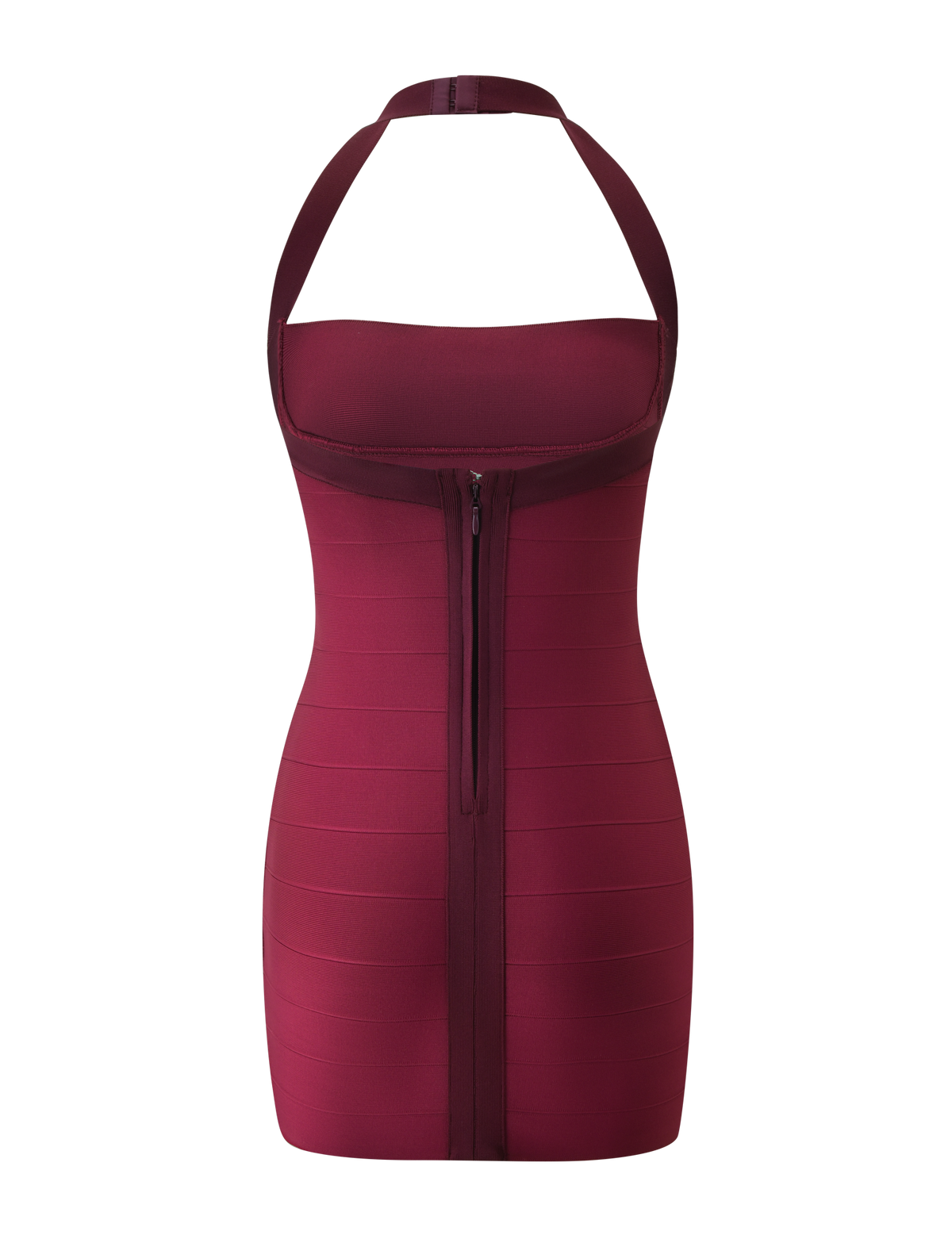 The TIGERMIST ELEANOR BANDAGE MINI DRESS in Cabernet is a deep red halter neck mini dress featuring a form-fitting bodycon silhouette with horizontal bandage detailing and a front zipper that runs from the neckline to the hem.