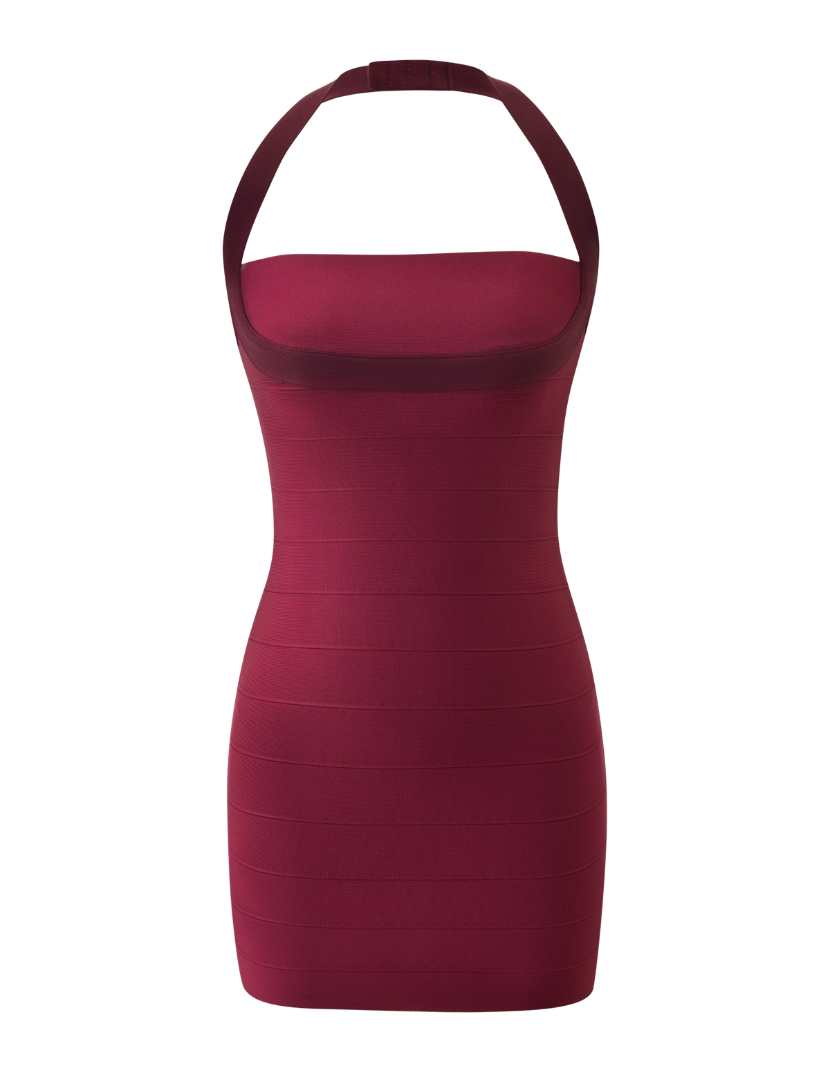 The ELEANOR BANDAGE MINI DRESS in Cabernet by TIGERMIST, featuring a sleeveless halter neck design and a striking bodycon fit, is showcased against a plain white background.