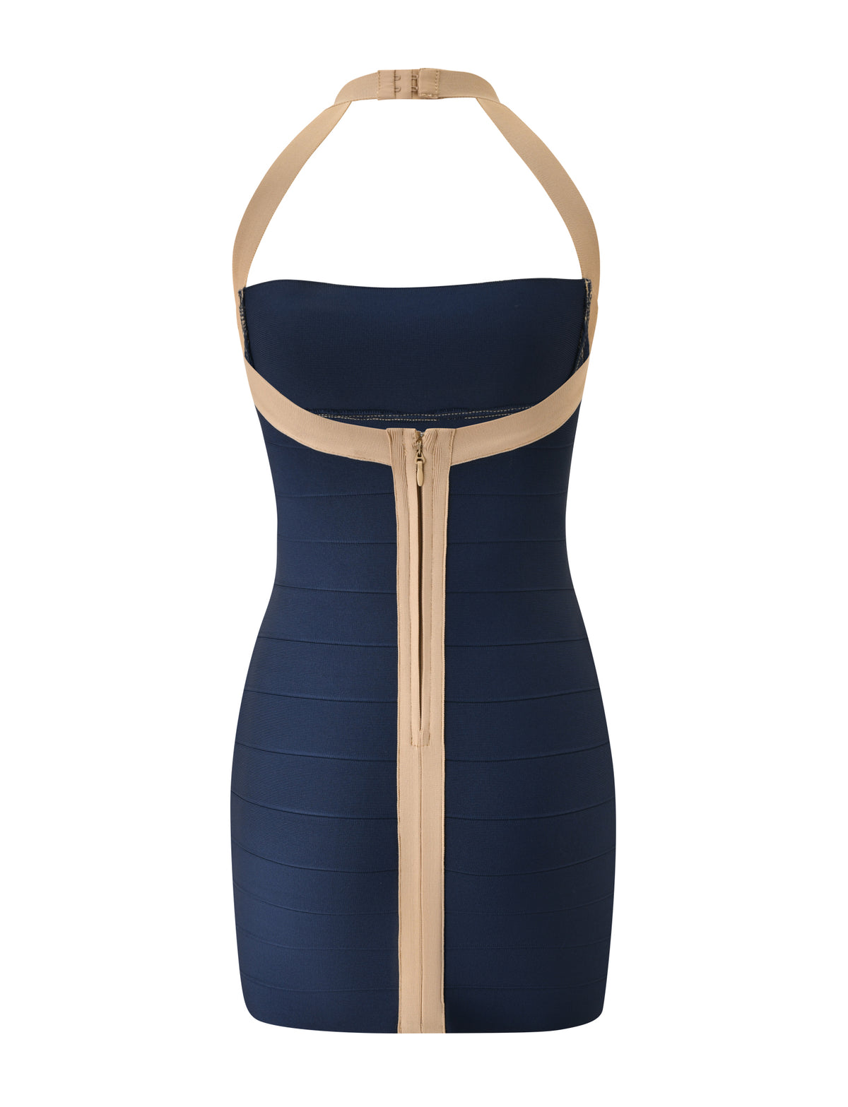 The ELEANOR BANDAGE MINI DRESS by TIGERMIST is a form-fitting, sleeveless mini dress with horizontal navy blue bands and tan vertical trim, featuring a front zipper and a tan halter neck strap.