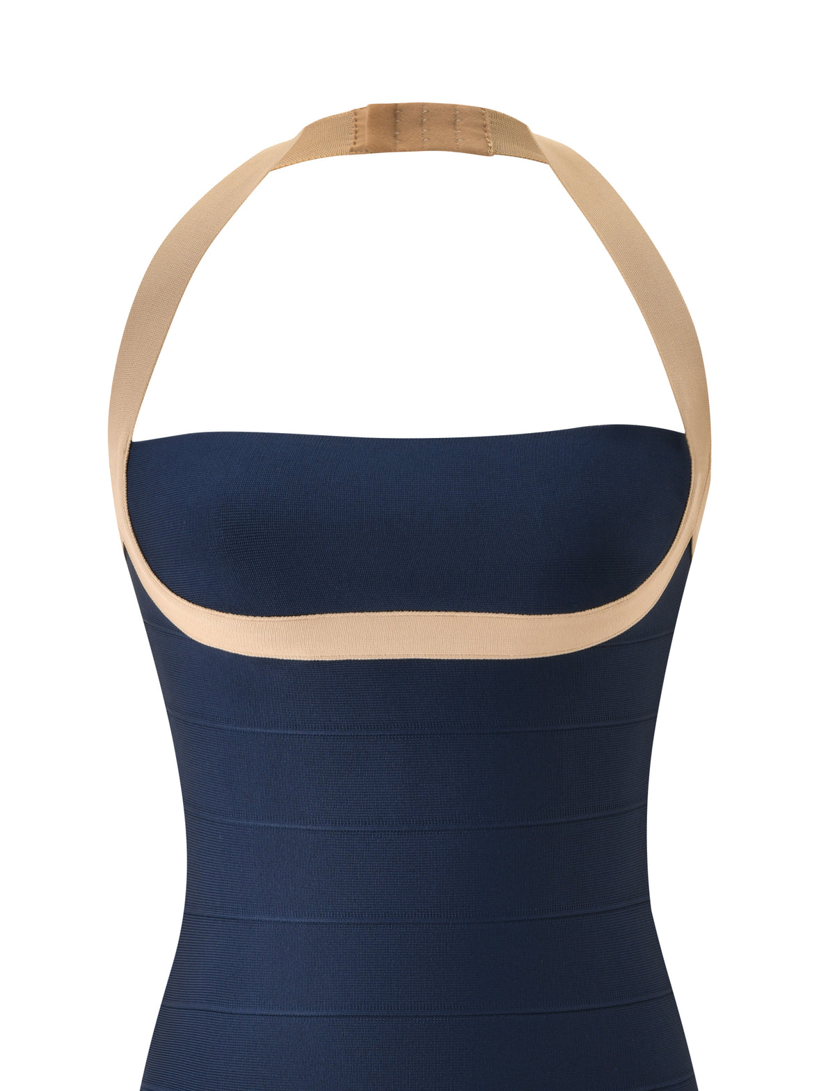 The ELEANOR BANDAGE MINI DRESS by TIGERMIST is a navy and tan halter neck mini dress featuring a wide beige strap and horizontal seam detailing on the bodice, designed in a bodycon fit that accentuates the silhouette, displayed against a white background.