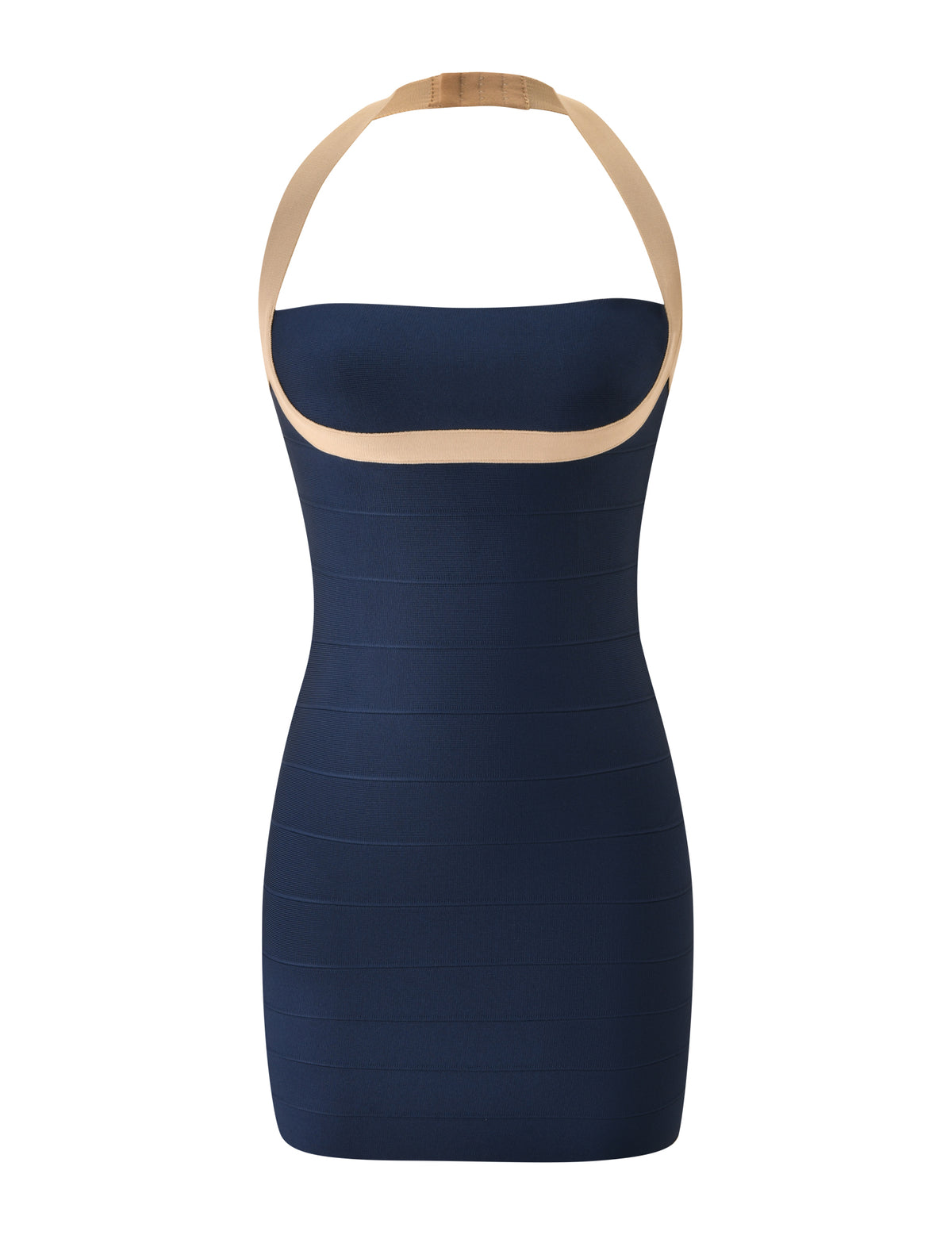 The TIGERMIST ELEANOR Bandage Mini Dress in navy and tan features a sleeveless, bodycon fit with a textured design, straight neckline, and contrasting beige halter strap.
