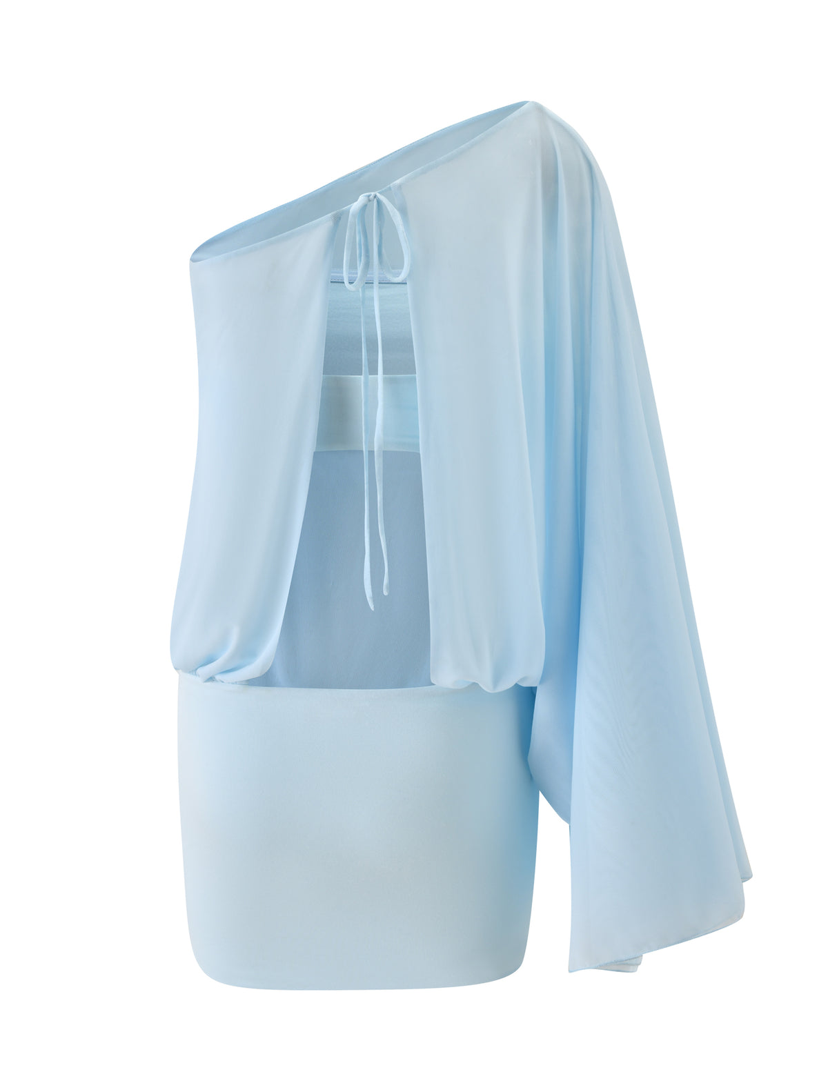 CAMILLE MINI DRESS - BLUE light blue one-shoulder mini dress featuring a sheer draped overlay, tie back detail, and mesh fabric.