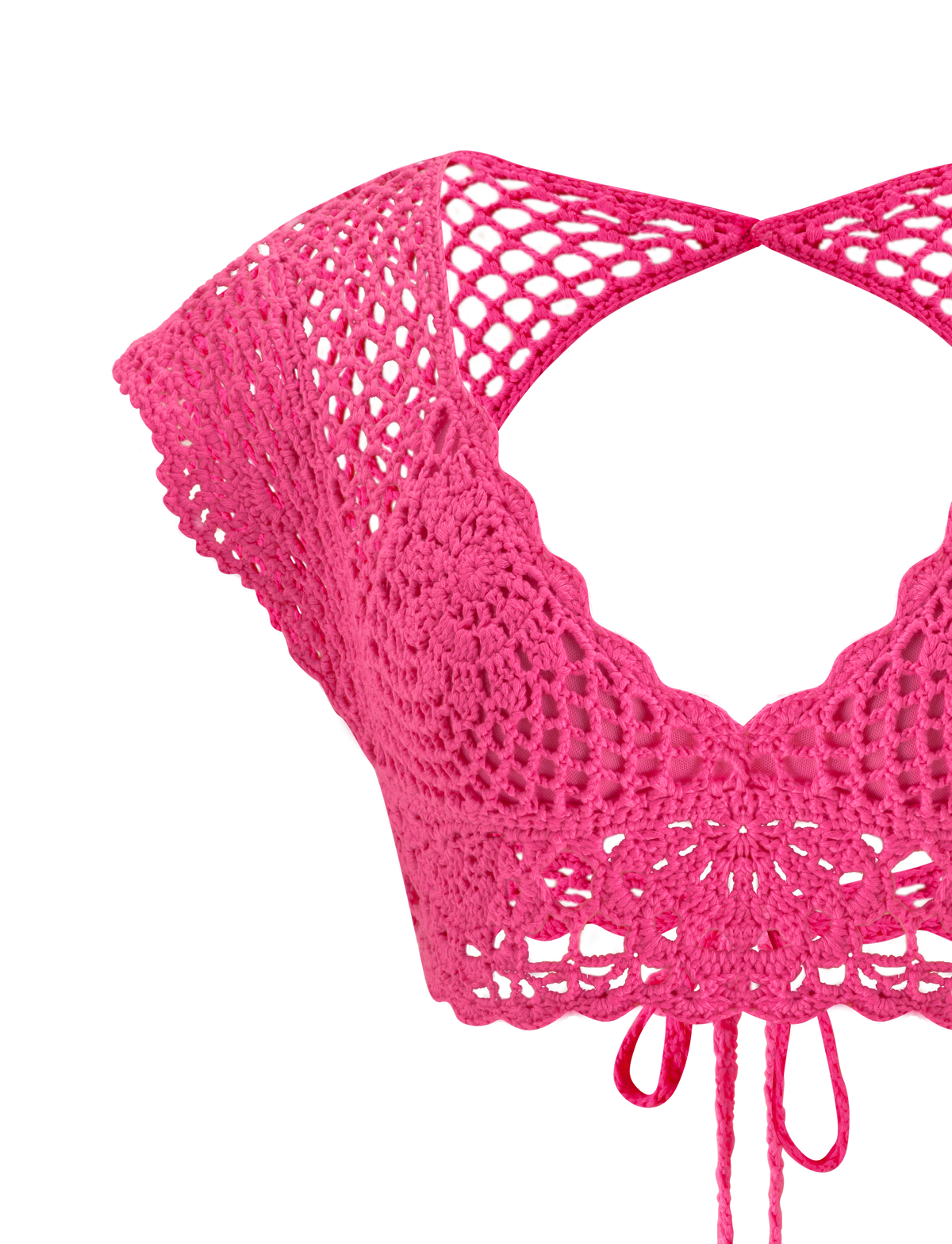 The SASHA CROCHET CROP TOP - HOT PINK by TIGERMIST features short sleeves, a scalloped hem, open chest, and tie waist—perfect as a festival top and shown on a white background.