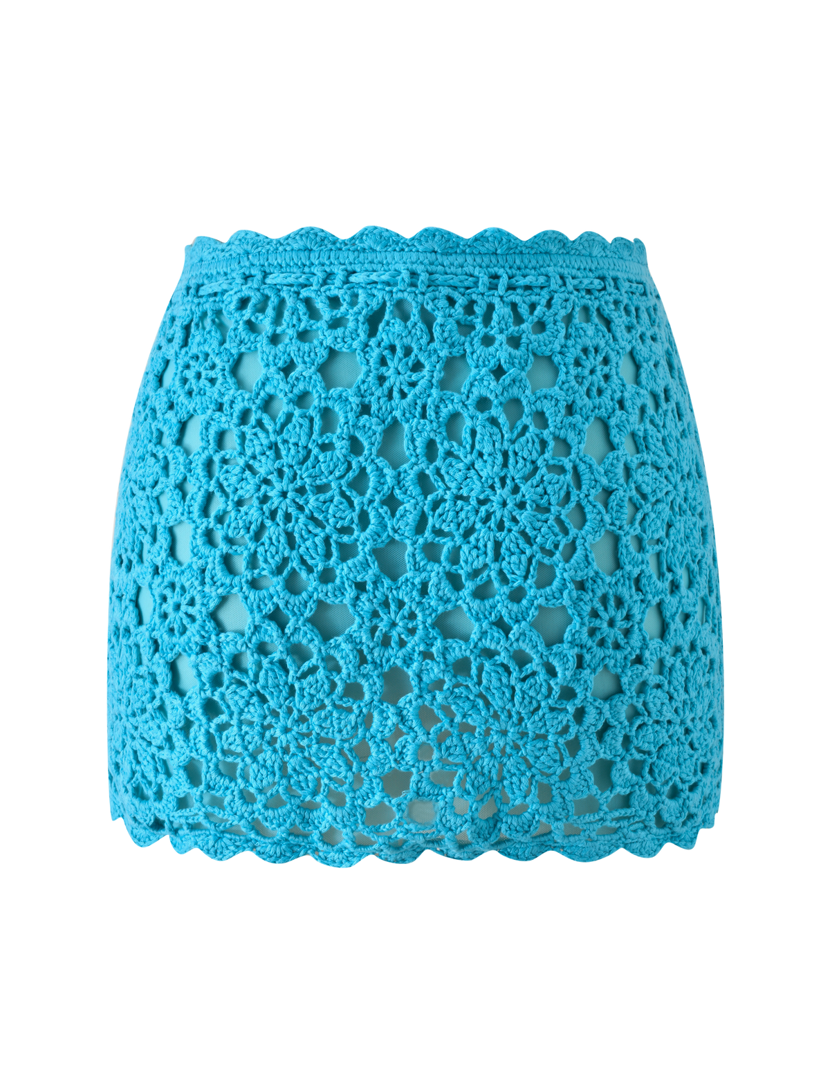 SASHA CROCHET MINI SKIRT - AQUA featuring a floral overlay and a scalloped waistband and hem.