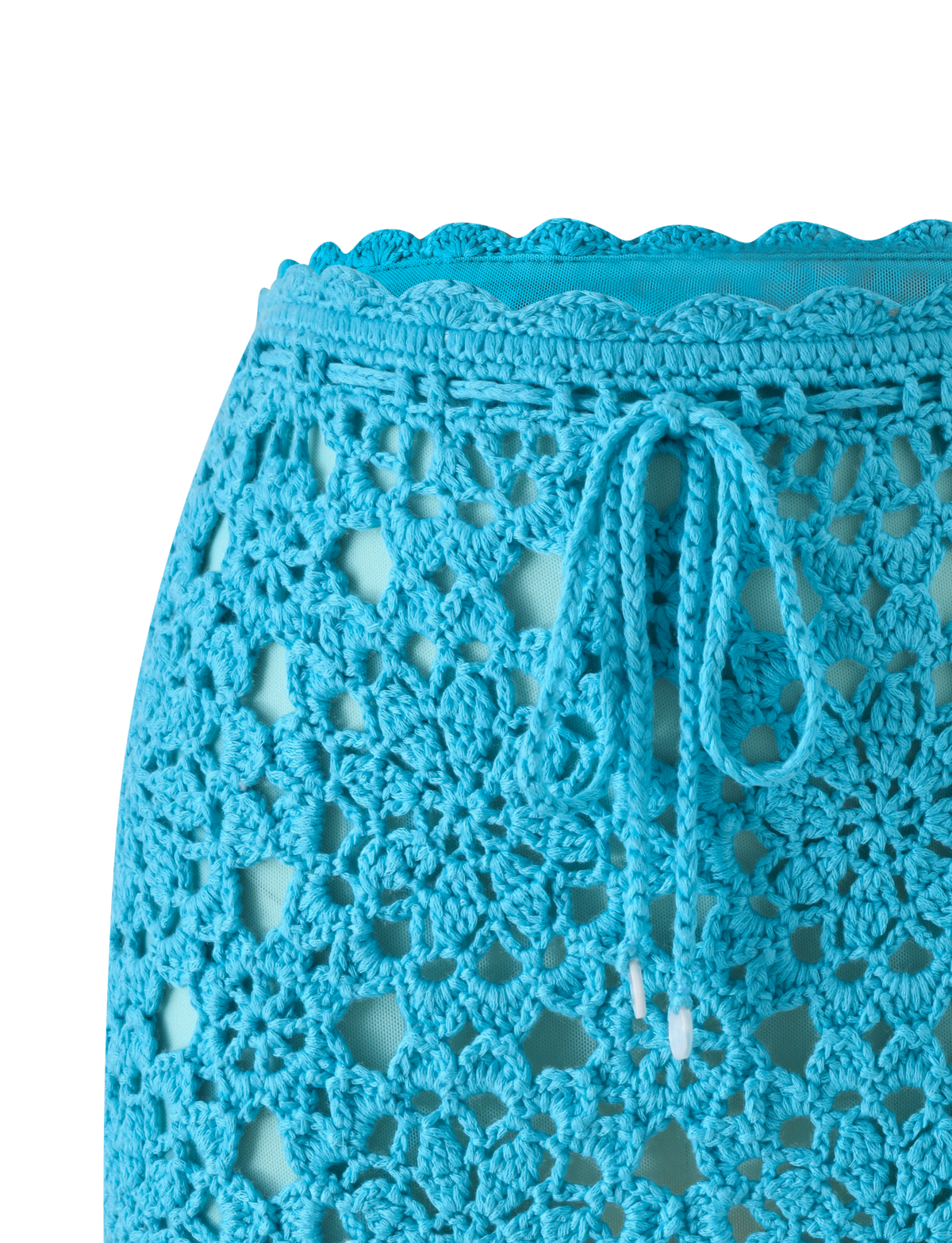 SASHA CROCHET MINI SKIRT - AQUA in aqua blue crochet with a scalloped waistband and a drawstring tie.