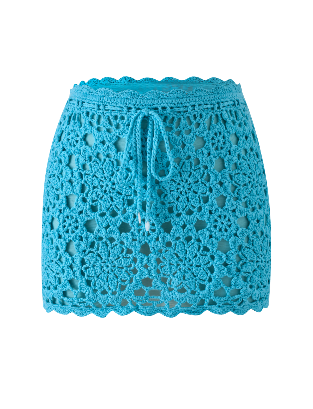 SASHA CROCHET MINI SKIRT - AQUA in bright aqua blue with a drawstring waistband and scalloped edges.