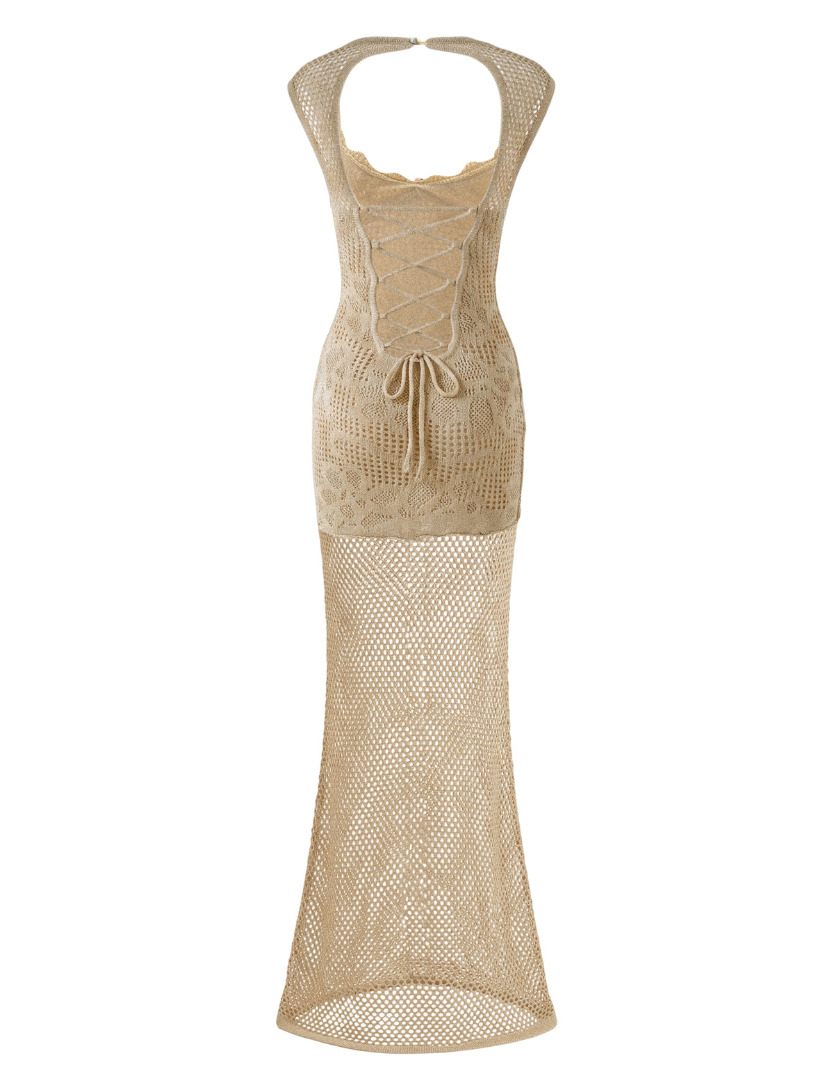 Back view of the SASHA CROCHET MAXI DRESS - GOLD, featuring a corset back and a sheer, open-weave floor-length skirt.