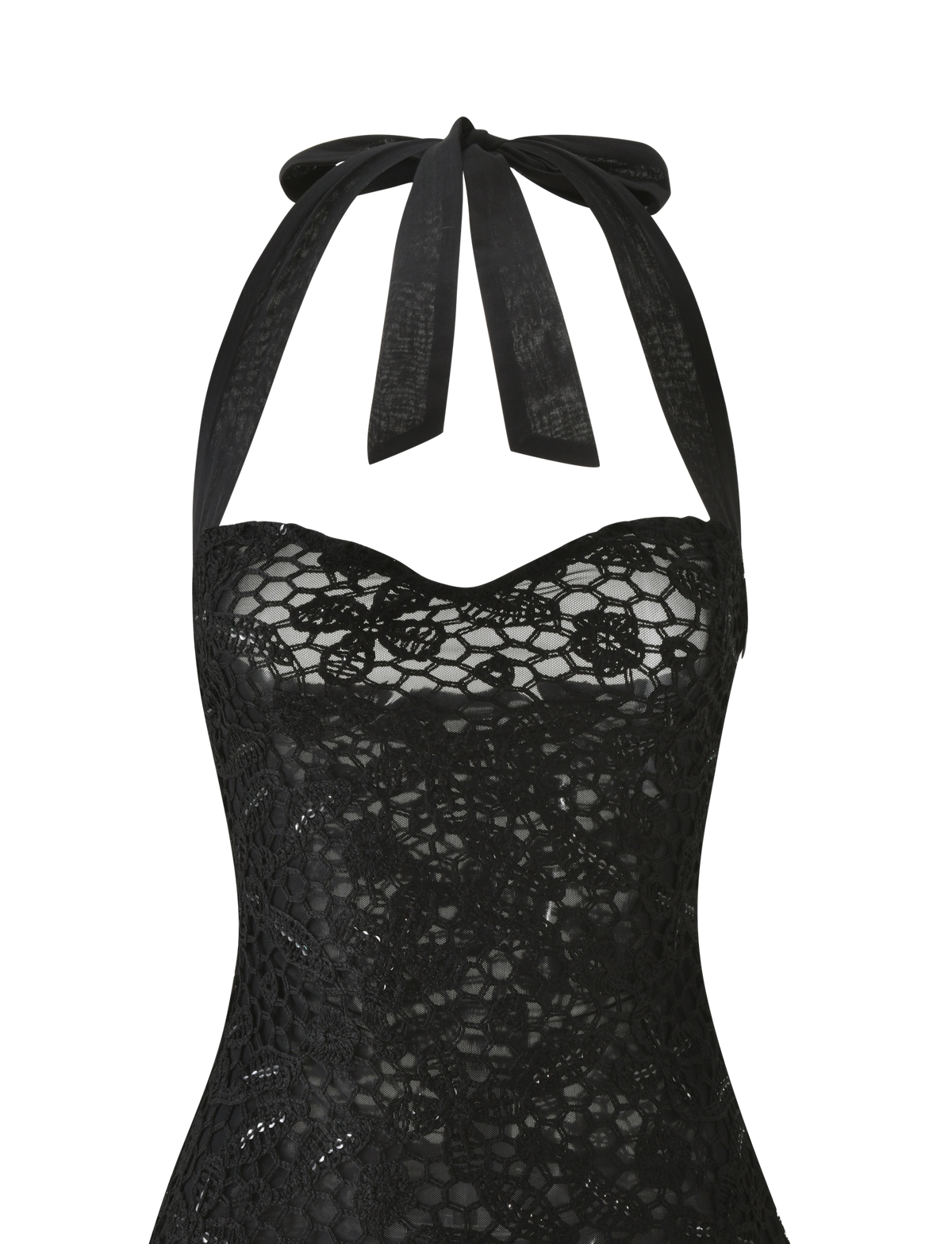 Tiger Mist Elouise Mini Dress in black crochet, ghost mannequin detail view