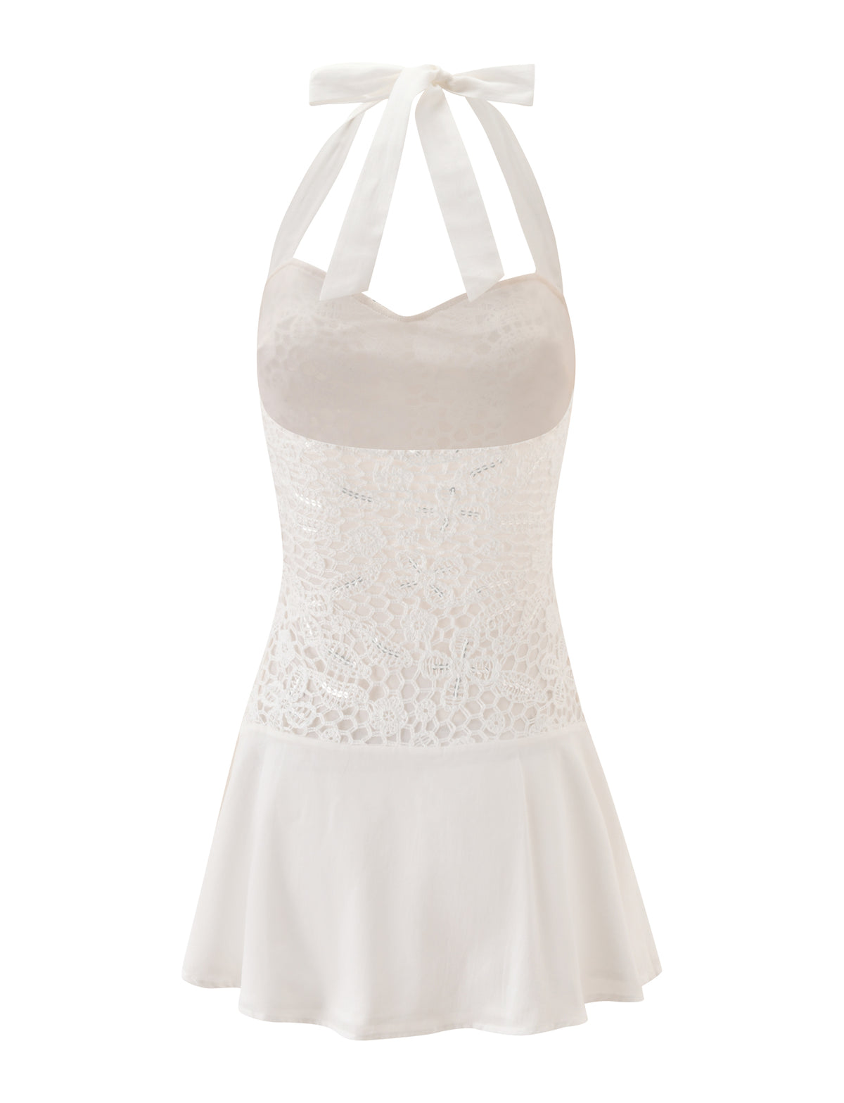 Cream-colored ELOUISE MINI DRESS featuring a crochet lace bodice with a sweetheart neckline, halter neck ties, and a flared skirt.