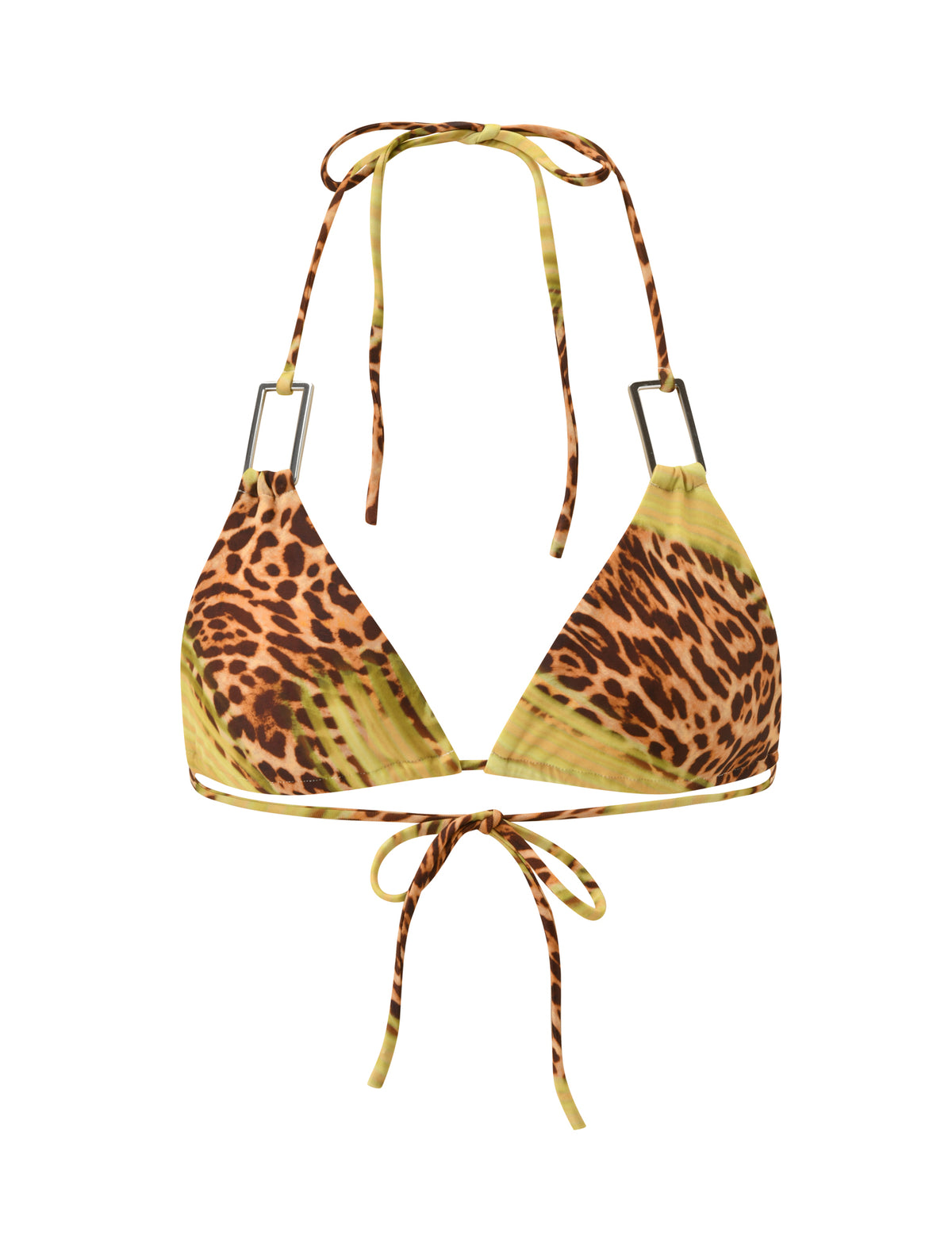 SCOTTIE BIKINI TOP - ELECTRIC LEOPARD triangle bikini top in yellow and brown, featuring silver square hardware at the straps and adjustable tie closures.
