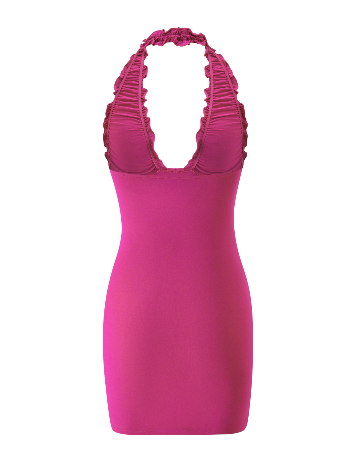 CANDI MINI DRESS - FUCHSIA, a bodycon halter dress with a deep V-neckline and ruched, ruffled straps.