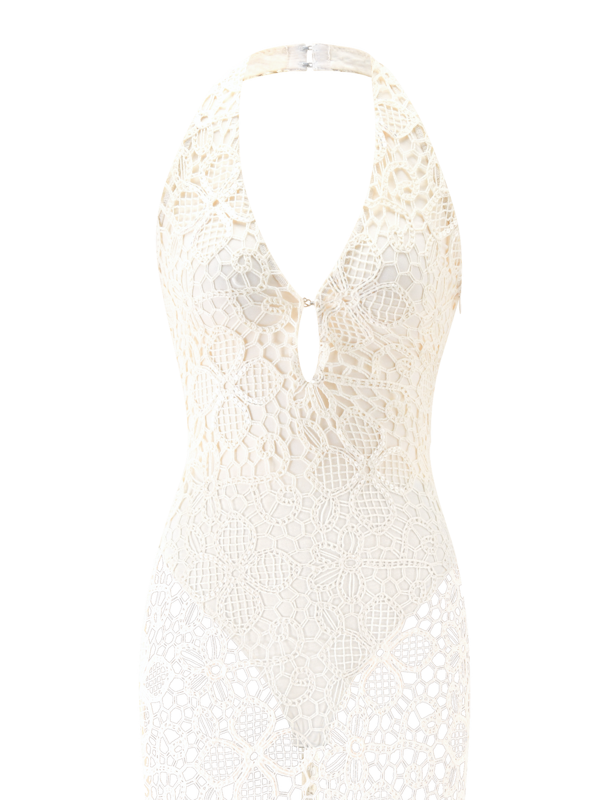 Cream-colored LARKIN MAXI DRESS - CREAM with an intricate geometric crochet lace overlay and halter neckline.