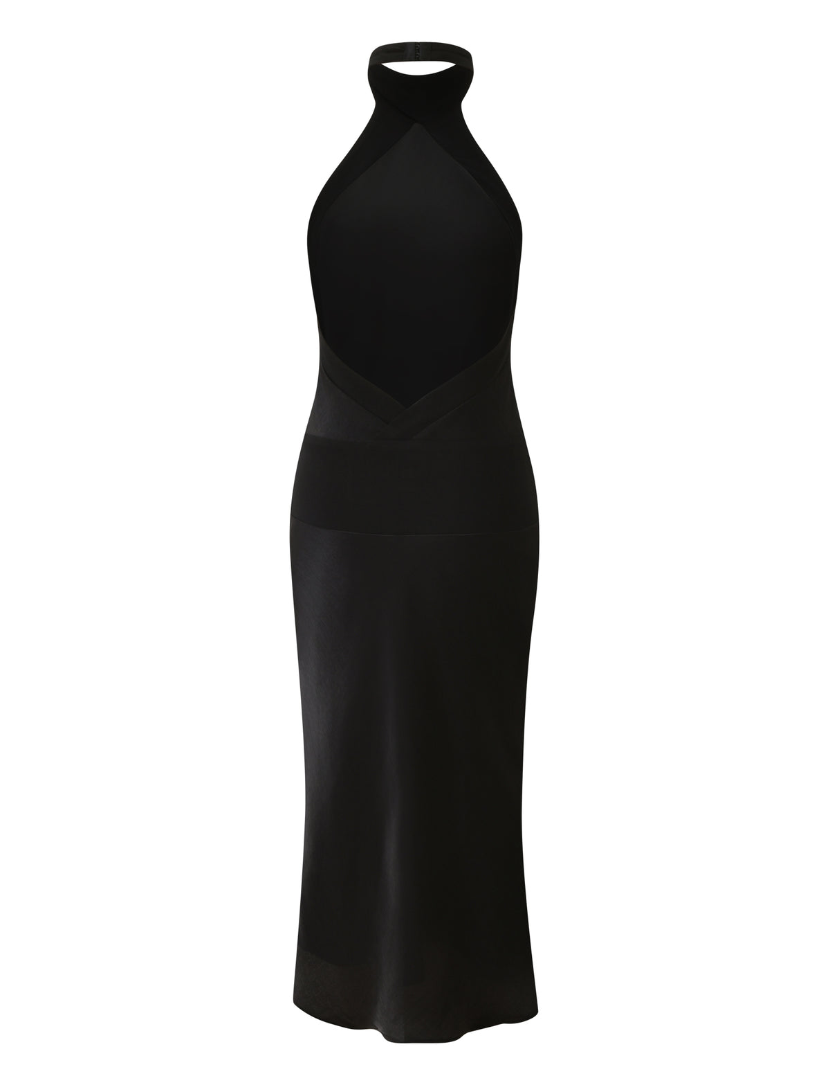 ZAYA MIDI DRESS - BLACK, a black bias-cut satin midi dress with a halter neckline, a fitted waist, and an open back.