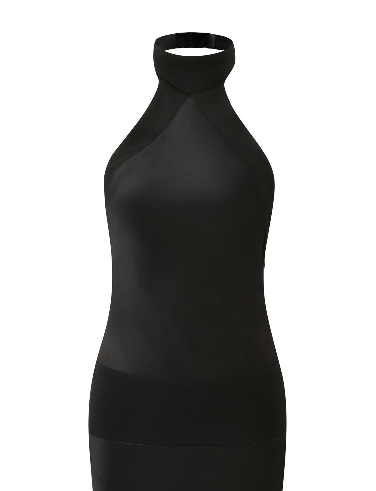 ZAYA MIDI DRESS - BLACK, a black bias-cut satin midi dress featuring a high halter neckline and a fitted bodice.