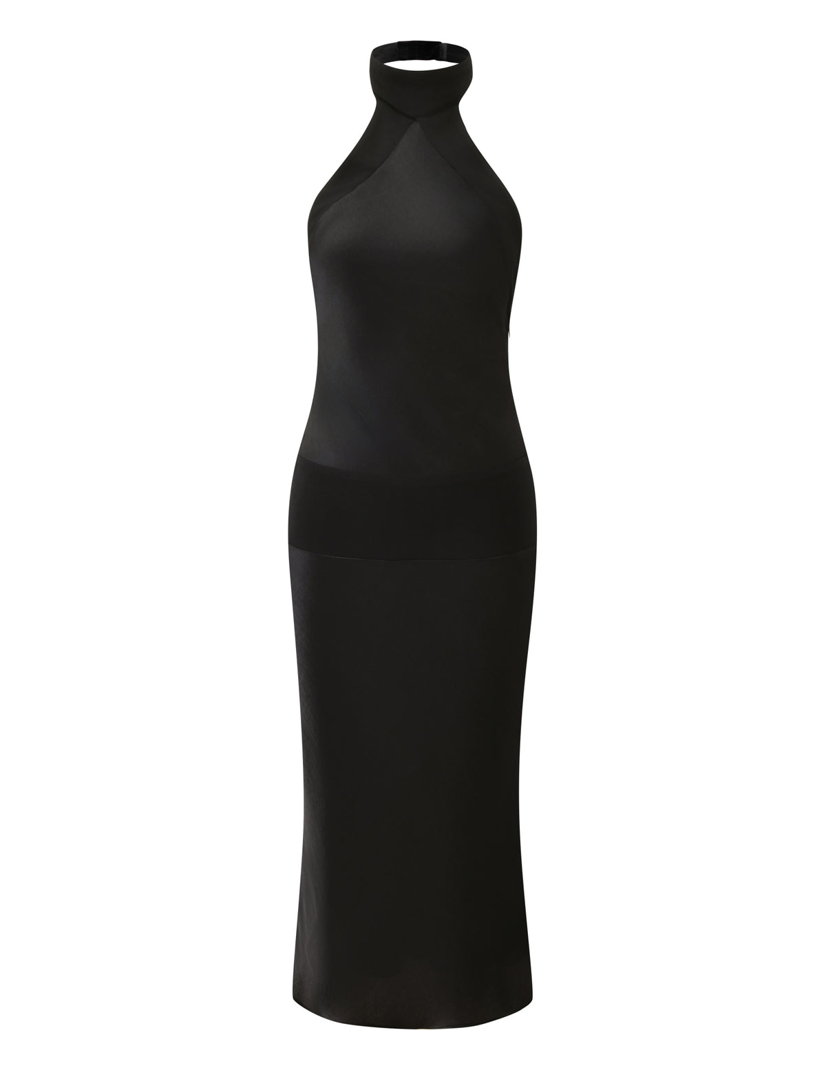 TIGERMIST ZAYA MIDI DRESS - BLACK: A black satin midi dress with a high halter neckline and a sleeveless, bias-cut silhouette.