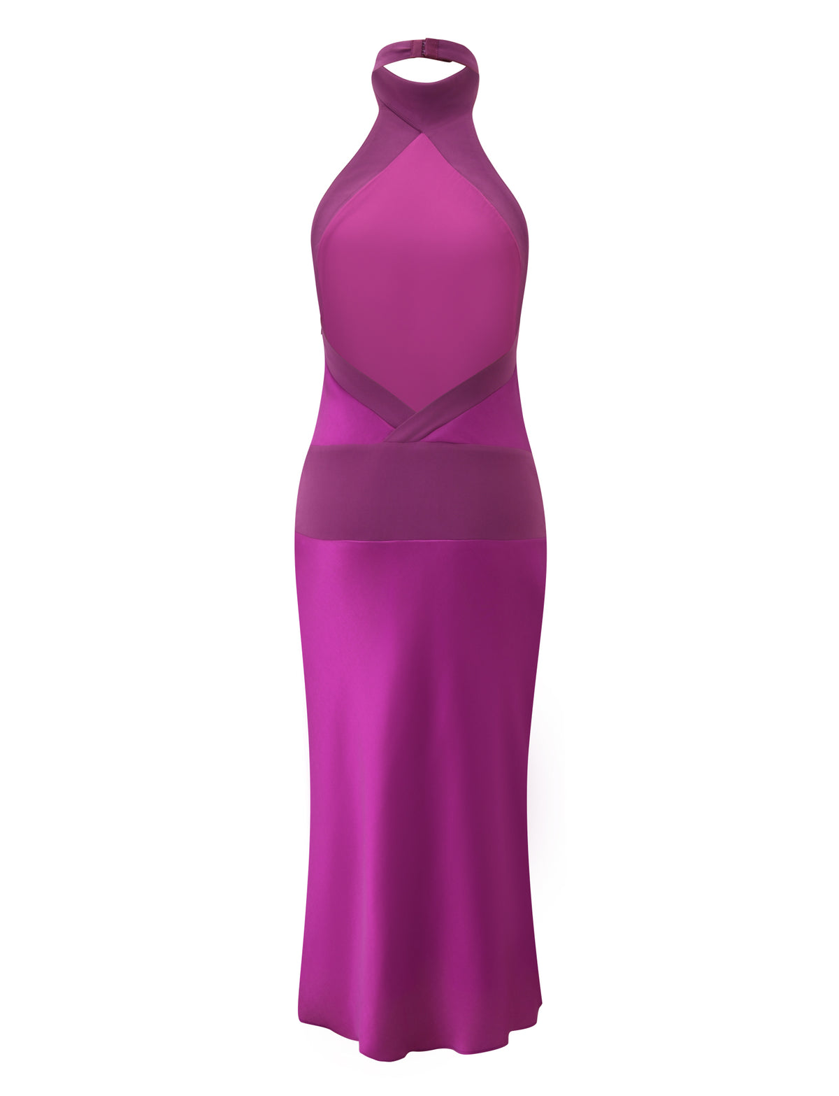 The ZAYA MIDI DRESS - MULBERRY by TIGERMIST is a sleeveless, halter-neck formal dress in mulberry with sheer panels, a fitted waist, and a flowy satin skirt, shown on a white background.
