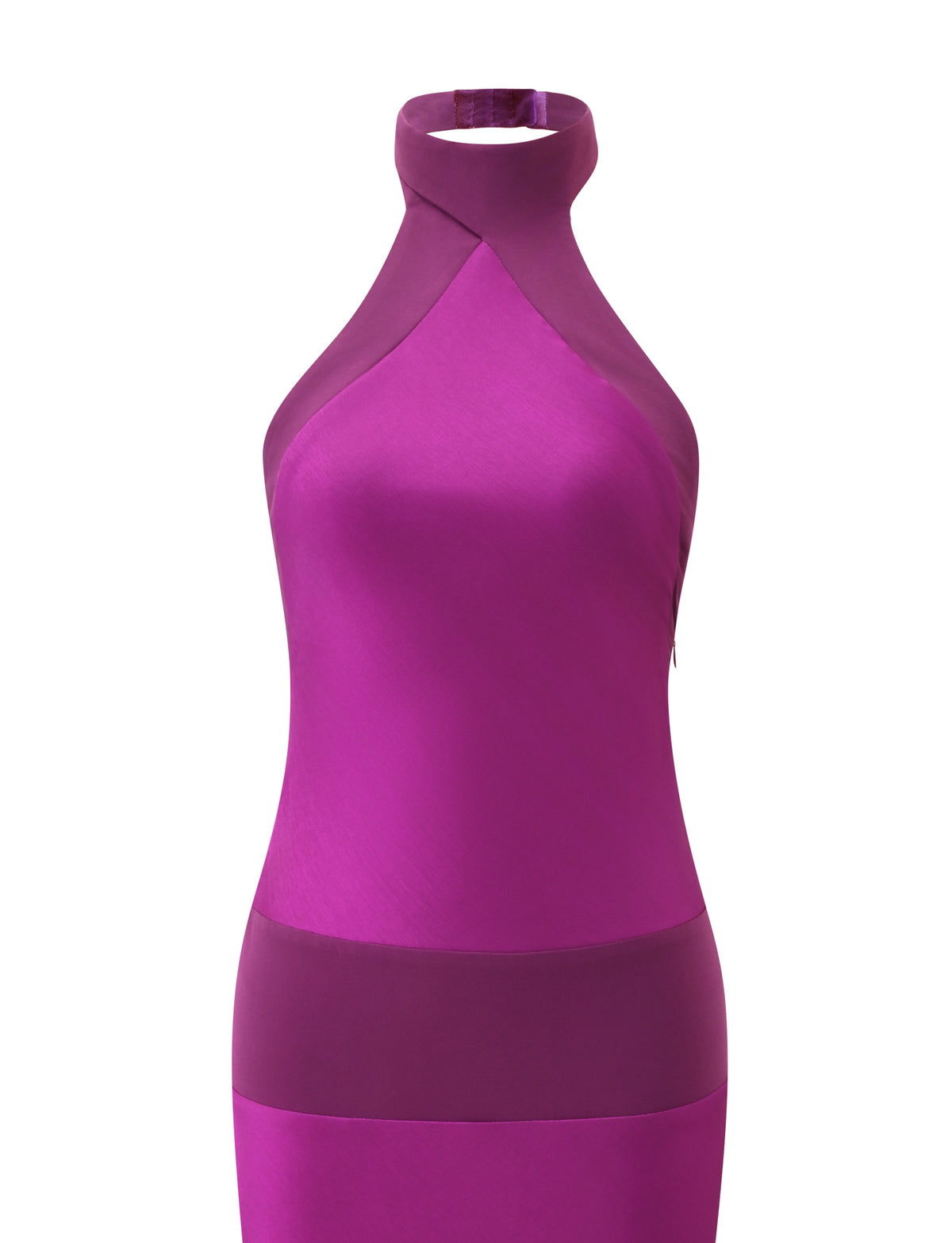 The ZAYA MIDI DRESS - MULBERRY by TIGERMIST is a sleeveless magenta formal dress featuring a high halter neckline, sheer panels at the neck and waist, and a fitted silhouette for an elegant, sophisticated style.