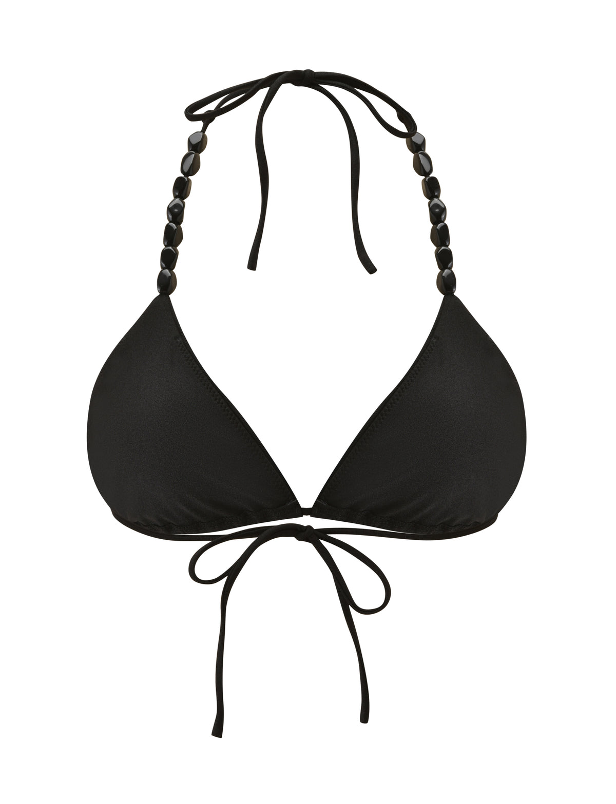 DARRYN BIKINI TOP - BLACK triangle bikini top featuring adjustable beaded halter straps and a tie-front closure.