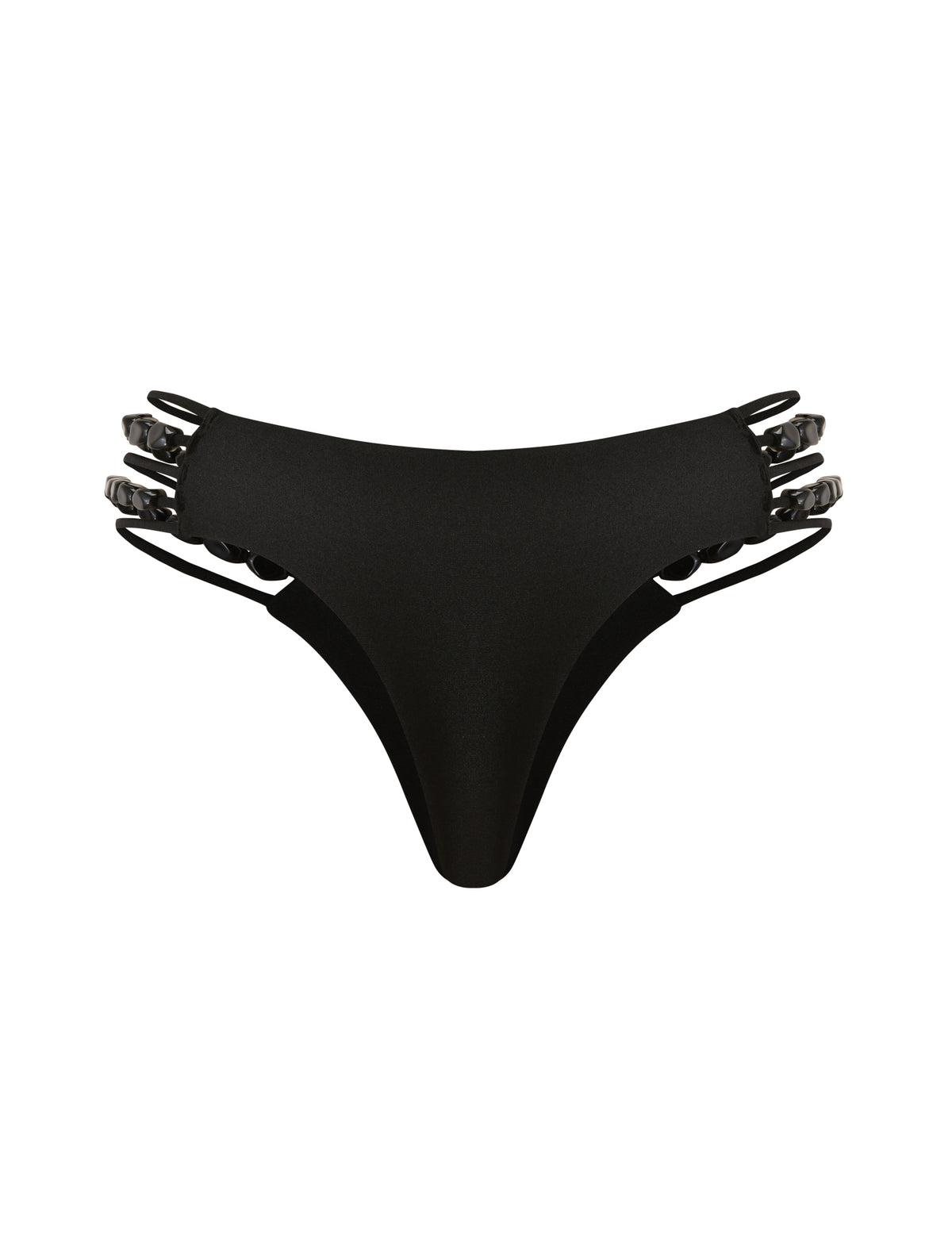 DARRYN BIKINI BOTTOM - BLACK in a low-rise, black cheeky fit with triple-strap sides accented by dark spherical beads.