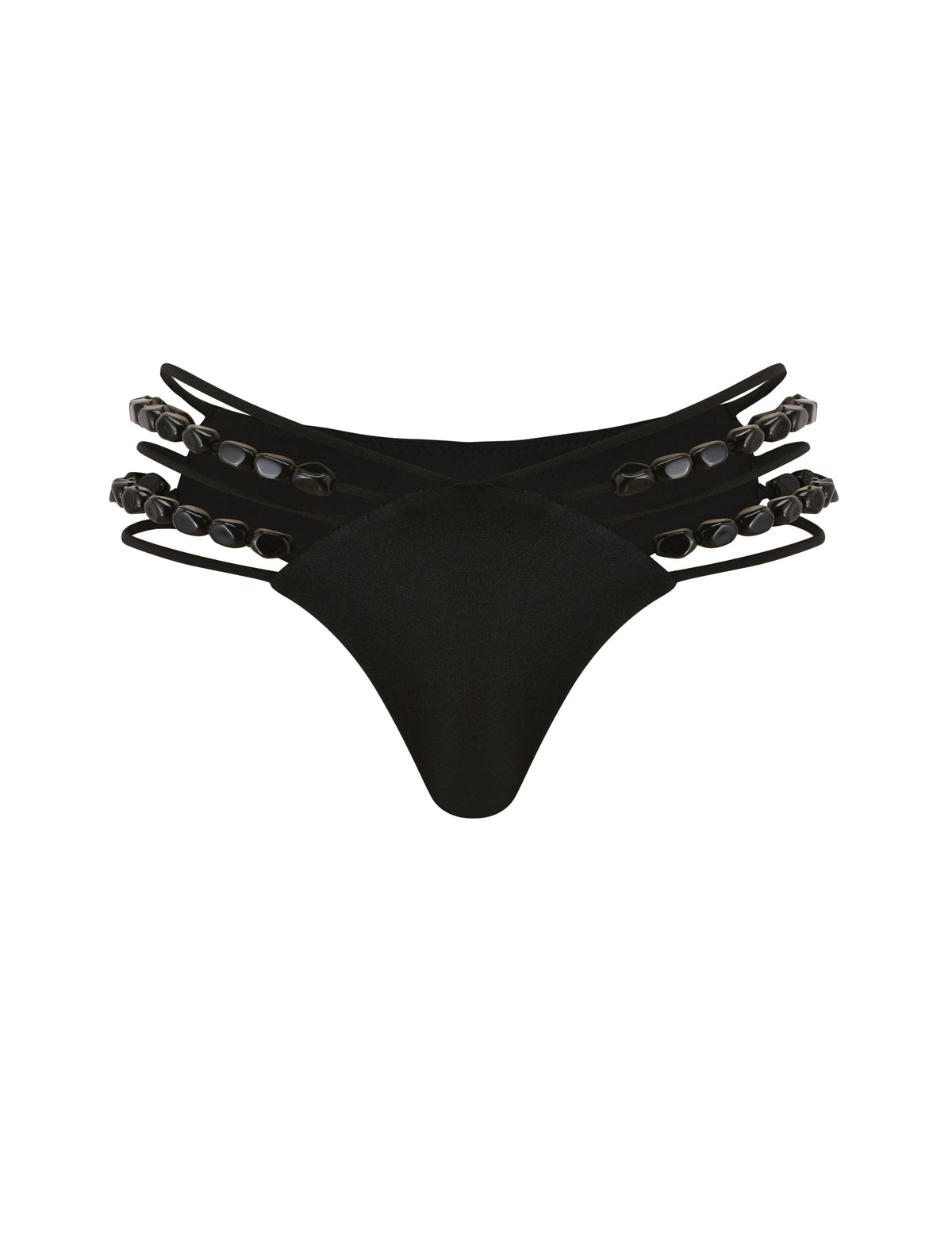 Black DARRYN BIKINI BOTTOM - BLACK low rise bikini bottom with triple-strap sides accented by dark, rectangular beads.