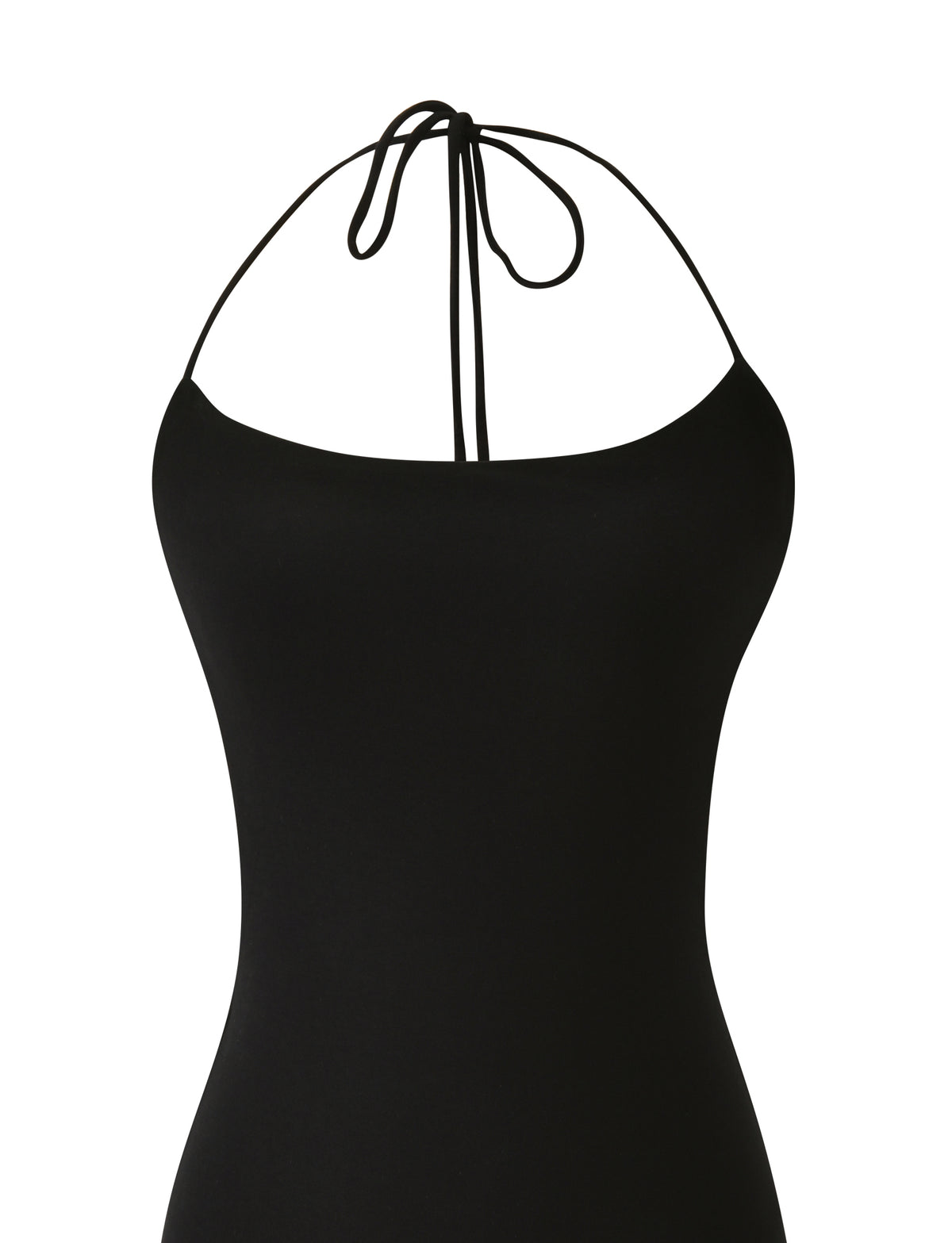 The EVE MIDI DRESS - BLACK by TIGERMIST is a sleeveless black halter neck midi with thin tie straps and a flattering fitted silhouette, shown on a white background.