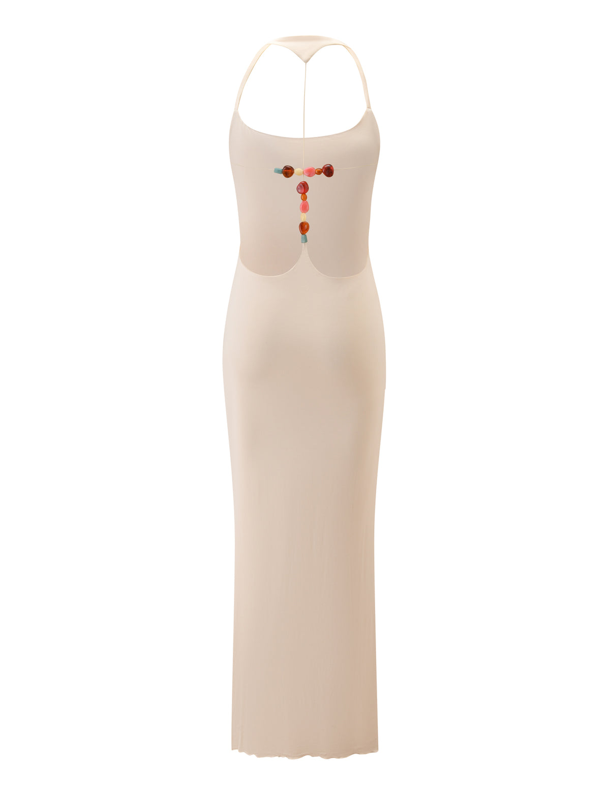 AVRA MAXI DRESS - CREAM in a cream-colored maxi length with an open racer back, halter neckline, and decorative colorful beads at the center.
